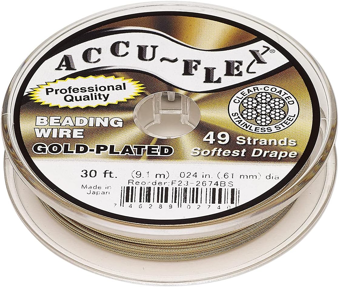 Accu-Flex Beading Wire 24Kt Gold-Plated 49-Strand .024 Inch (0.61mm Dia.) 30 Feet