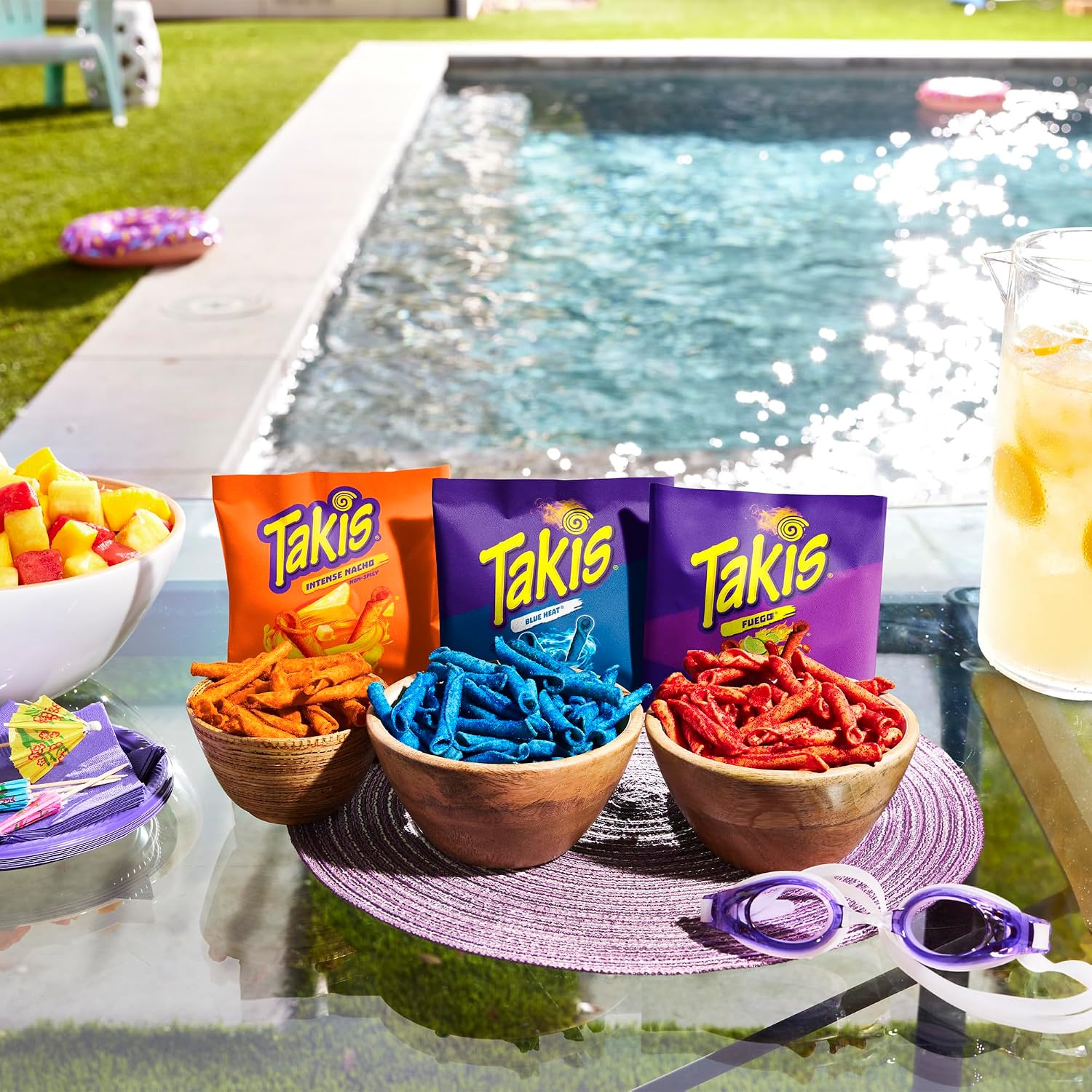 Takis 18 pc / 1 oz multipack, Assorted Flavored Mixed Rolled Tortilla Chips – (8) Fuego, (6) Blue Heat, (4) Intense Nacho