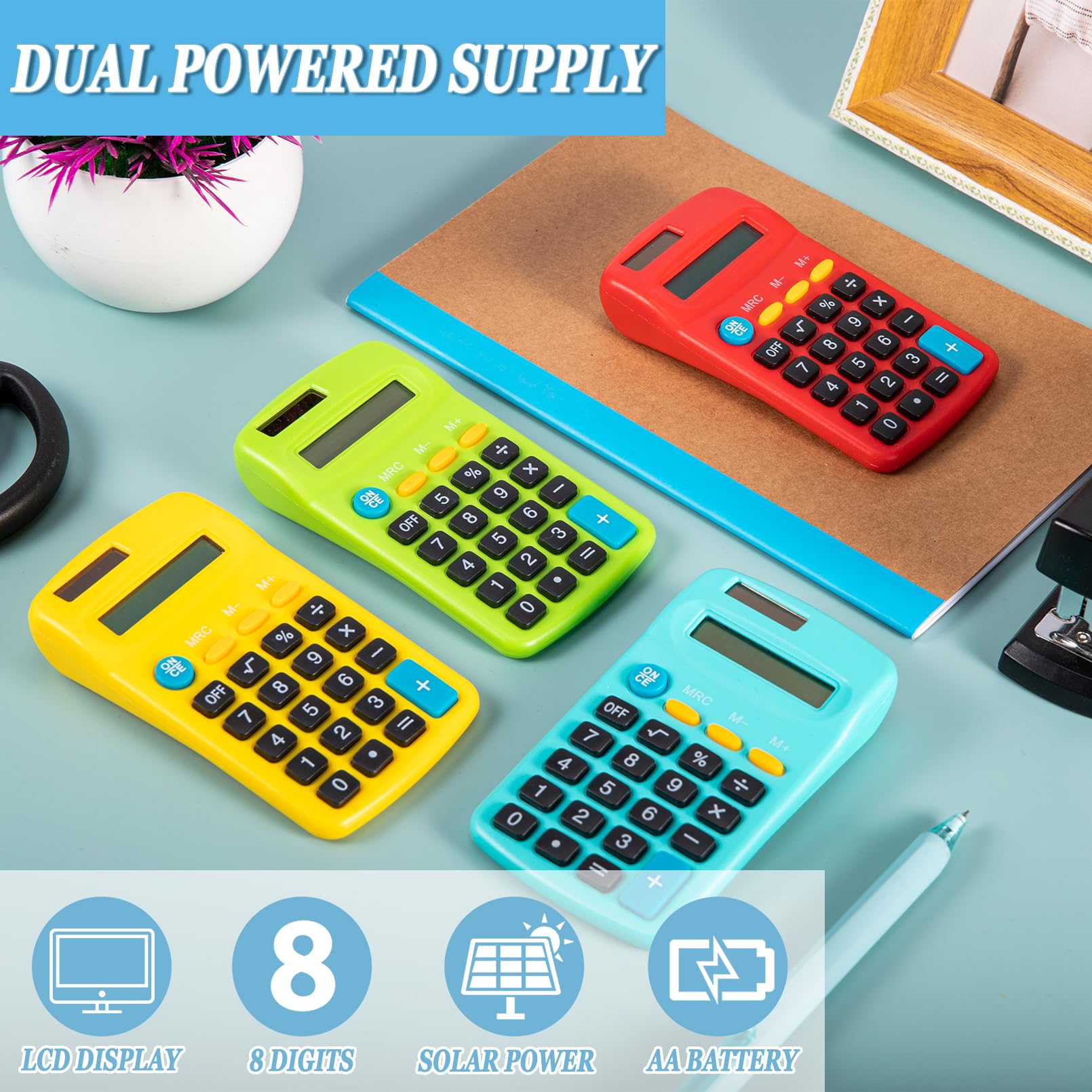 Mini calculadoras de tamaño de bolsillo, paquete de 18 baterías solares, calculadora de doble función de alimentación, pantalla de 8 dígitos, calculadora básica para estudiantes, niños,
