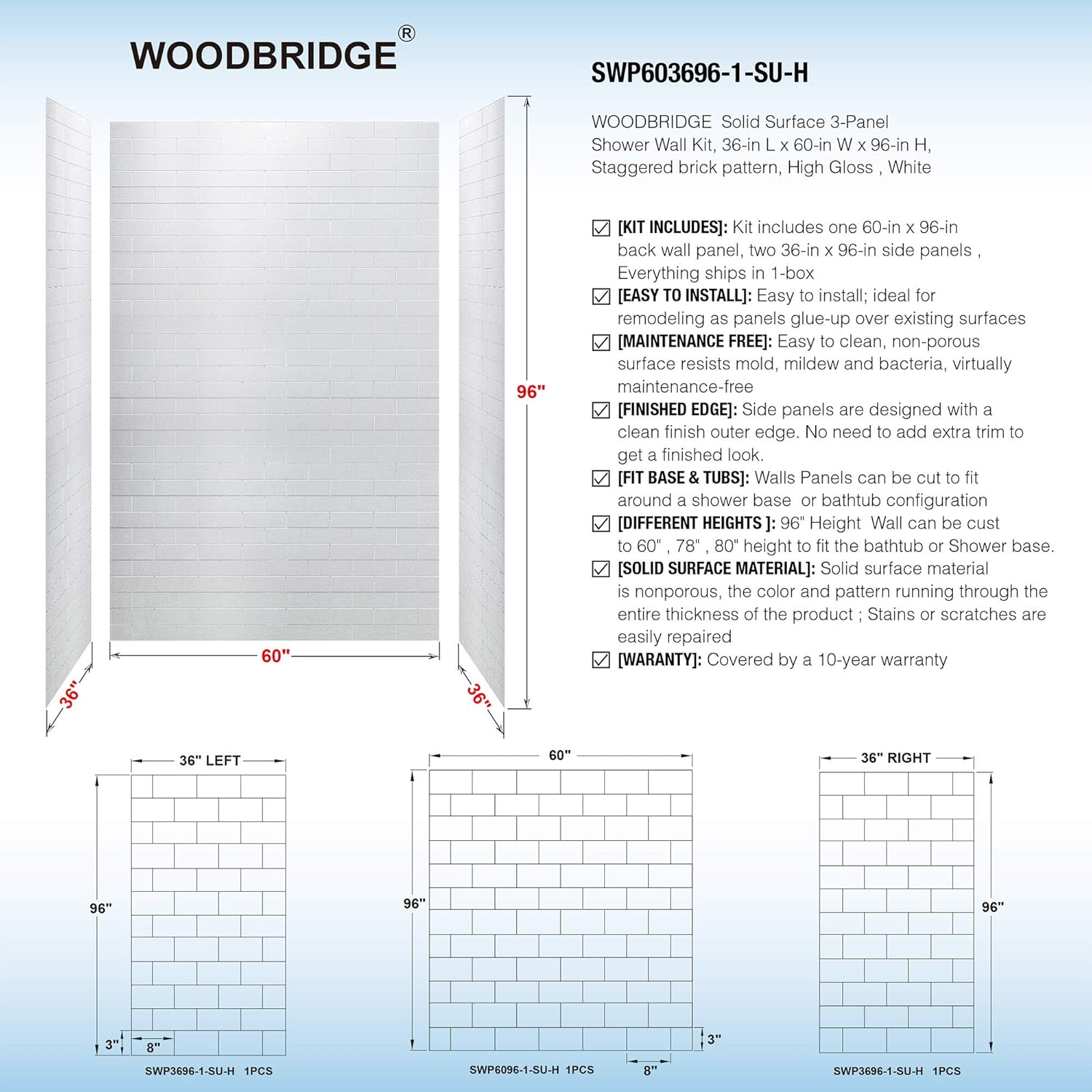 Diagram showing the dimensions of the back and side shower wall panels.