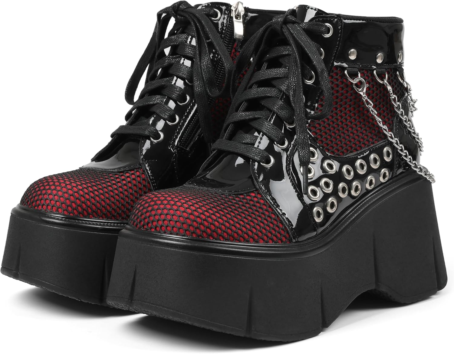 Women's Black Platform Boots Wedge Goth Round Toe Lace Up Chain Mesh Punk Combat Ankle Booties