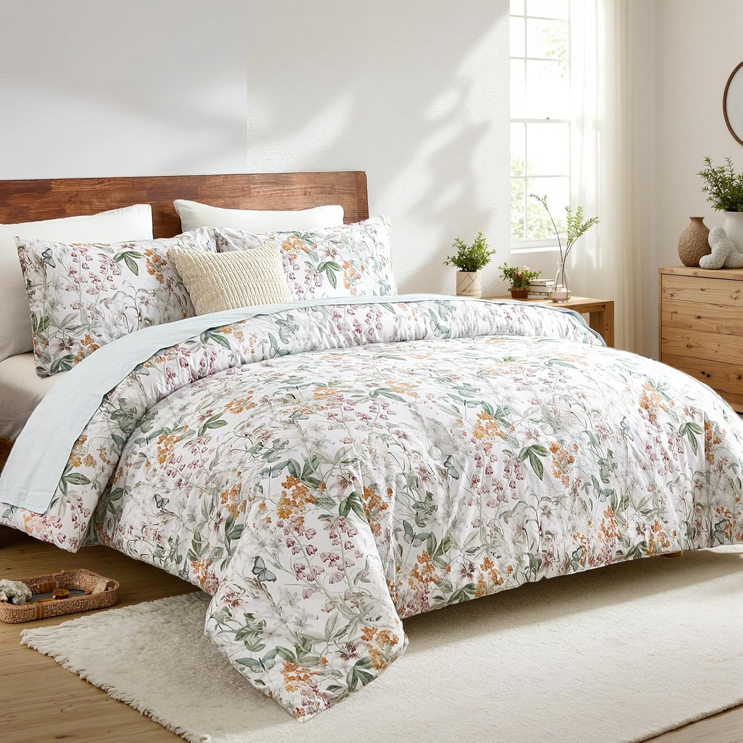 Bedorm Floral Cotton Comforter Set King Size Bedding Set Green Leaf Orange Flower Botanical Bedding Romantic Cottagecore Country Comforter Set 3 Pcs - Image 5
