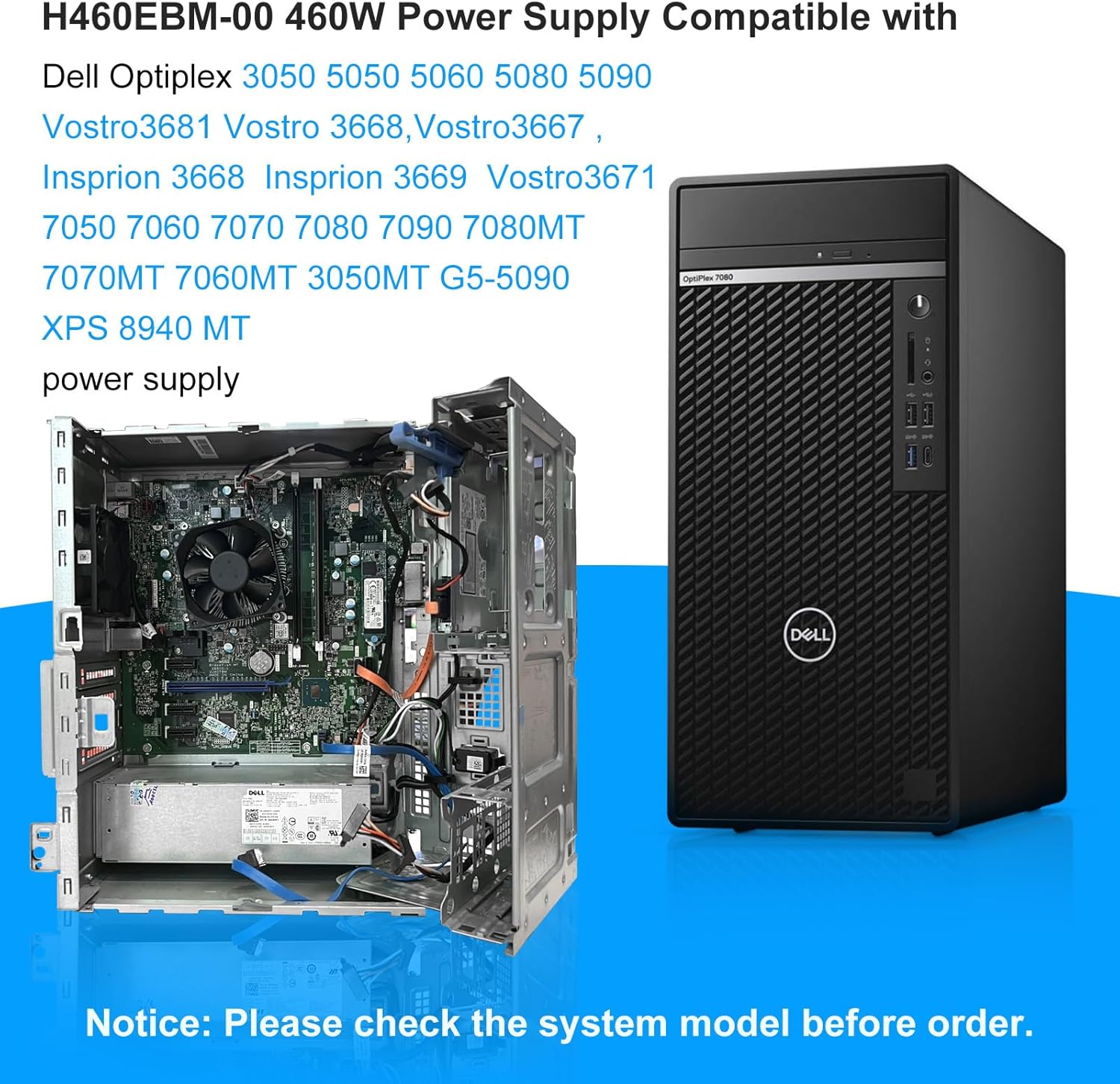 Upgraded H460EBM-00 L460EBM-00 4FWF7 460W Power Supply H460EGM-00 PSU Compatible with Dell Optiplex 3050 5050 5060 5090 7050 7060 7070 7080 7090 XPS 8940 MT D460E001P H460EBM-00 Power Supply