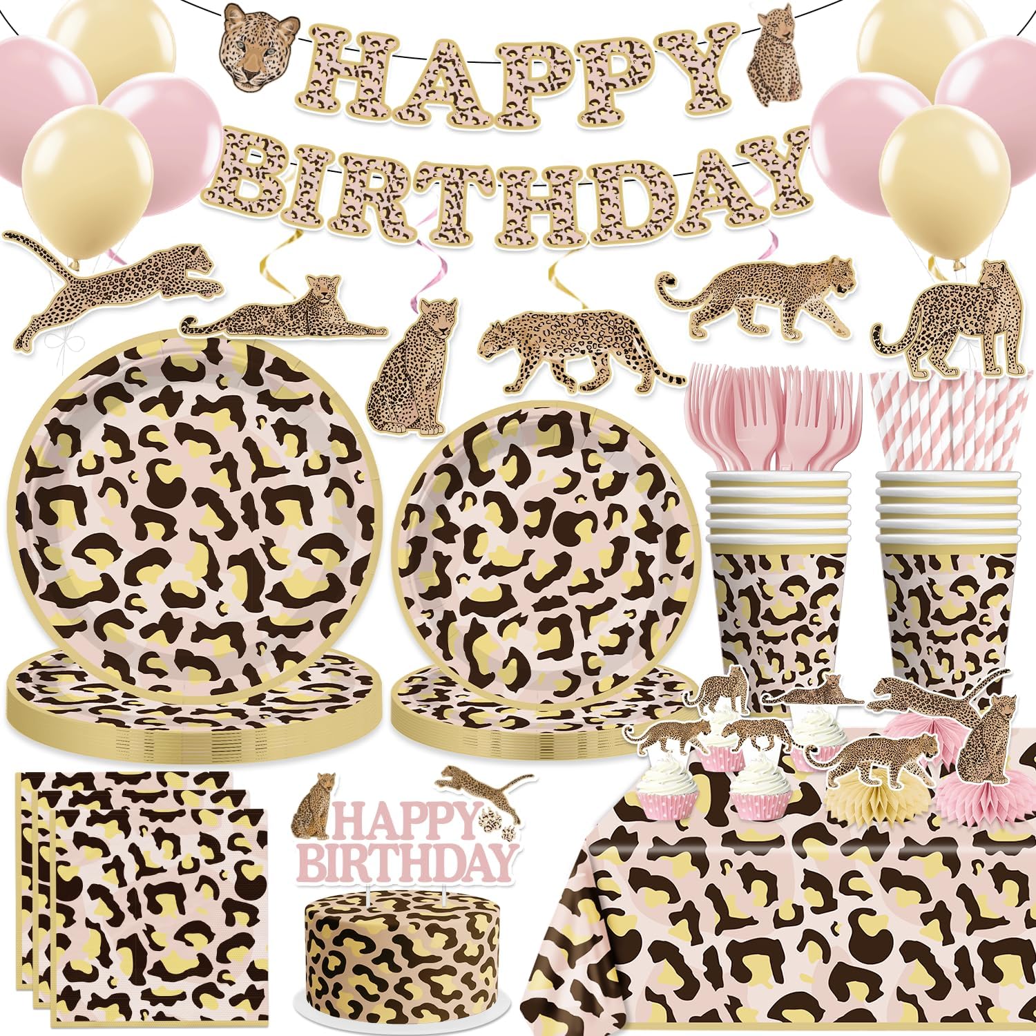 Cheetah Birthday Decorations, Leopard Party Animal Theme Tableware Cheetah Print Banner, Balloons, Cake Toppers, Pink and Cheetah Party Plates and Napkins Set with 2Pcs Tablecloth for Birthday