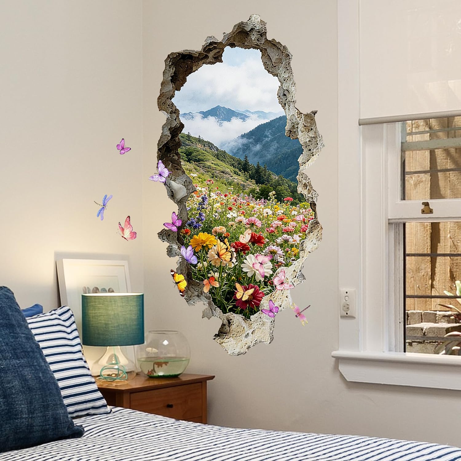 3D Landscape Wall Stickers Nature Mountains with Butterflies Decal Peel and Stick for Bedroom Living Room (Landscape)