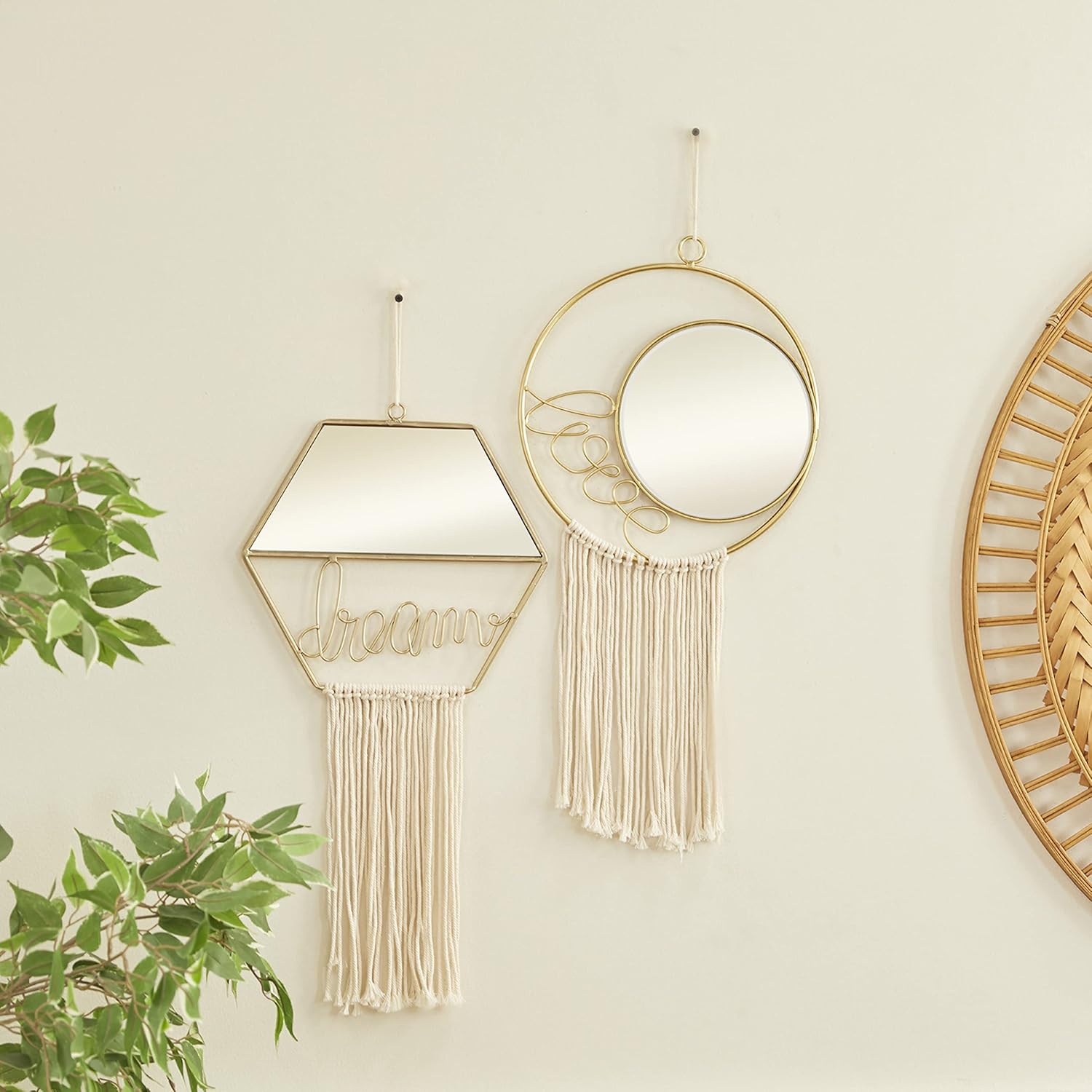 Gold Geometric Wall Mirrors with Fringe Tassels, Set of 2