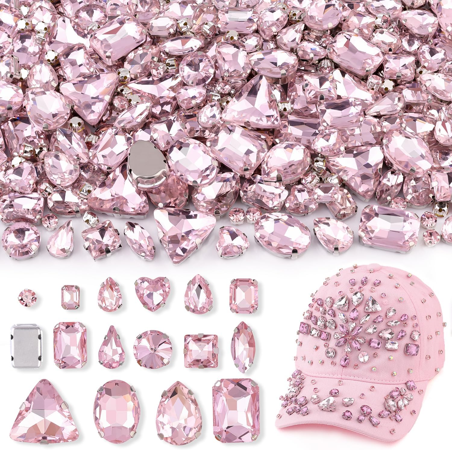 120 PCS Pink Bedazzling Sew on Rhinestones, Mixed Shape Charms Claw Flatback Glass Rhinestone with Metal Base for Crafting, Large Gems for Clothes Shoes Hats Collars Bags & Sewing Accessories