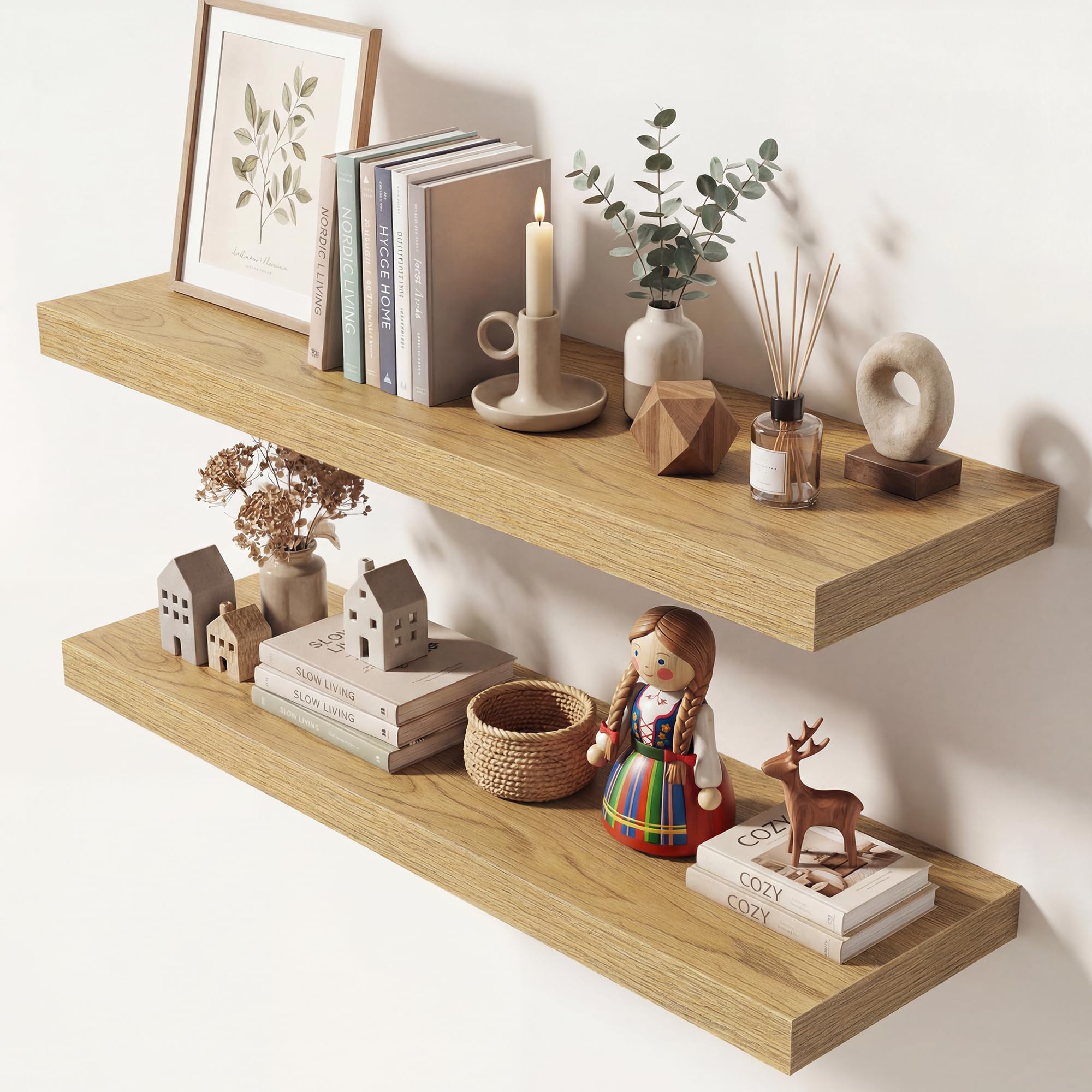 Dreamland 32 Inches Floating Shelves for Wall, 9.3" Deep Long Floating Shelves Set of 2, Large Display &amp; Storage Shelf, Wall Shelf for Bathroom Bedroom Living Room Kitchen Office, Oak
