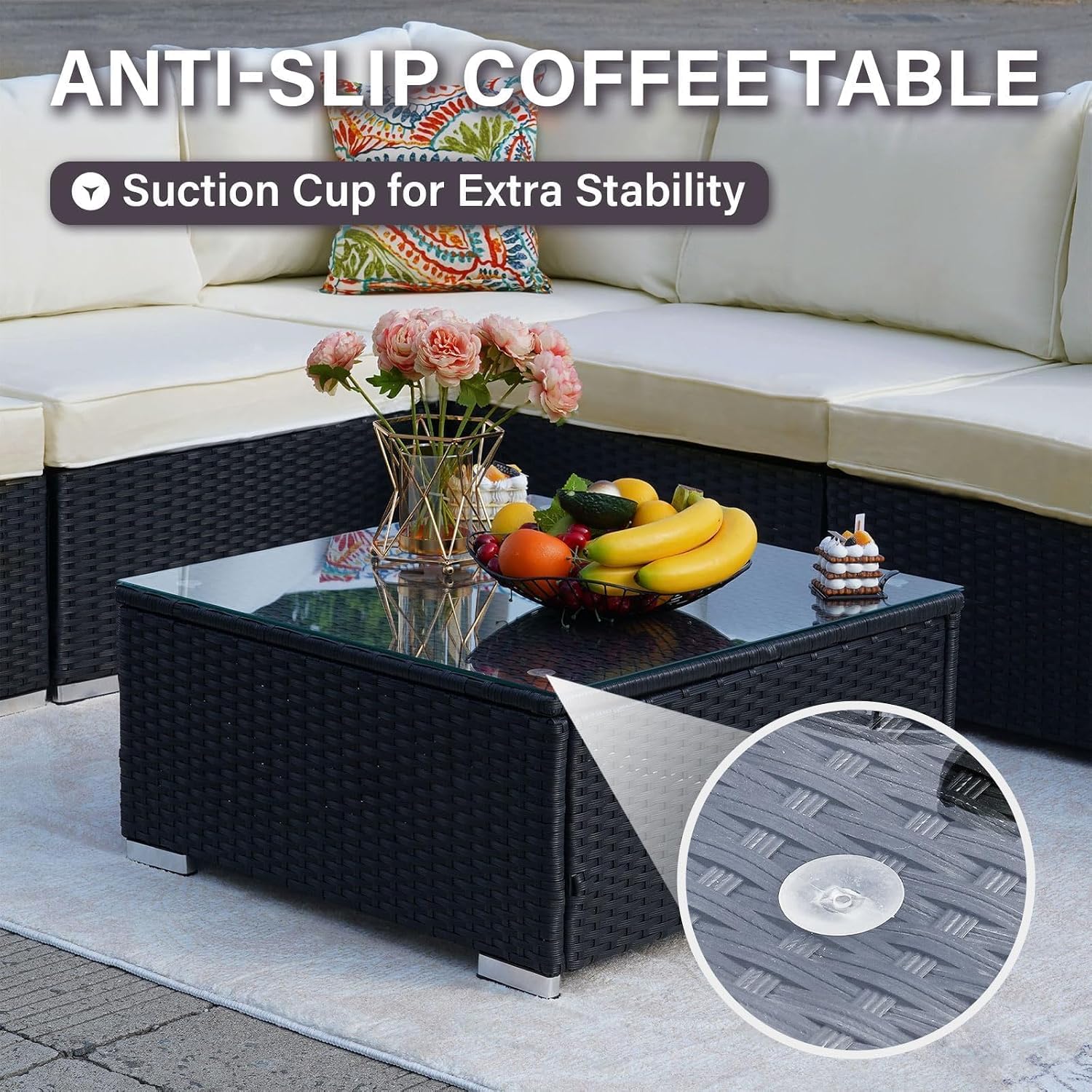7-Piece Outdoor Patio Furniture Set – Handwoven All-Weather Rattan & 4” Thick Waterproof Cushions, Wicker Outdoor Conversation Sets with Coffee Table for Deck, Backyard, Garden, 2026, Black/Beige