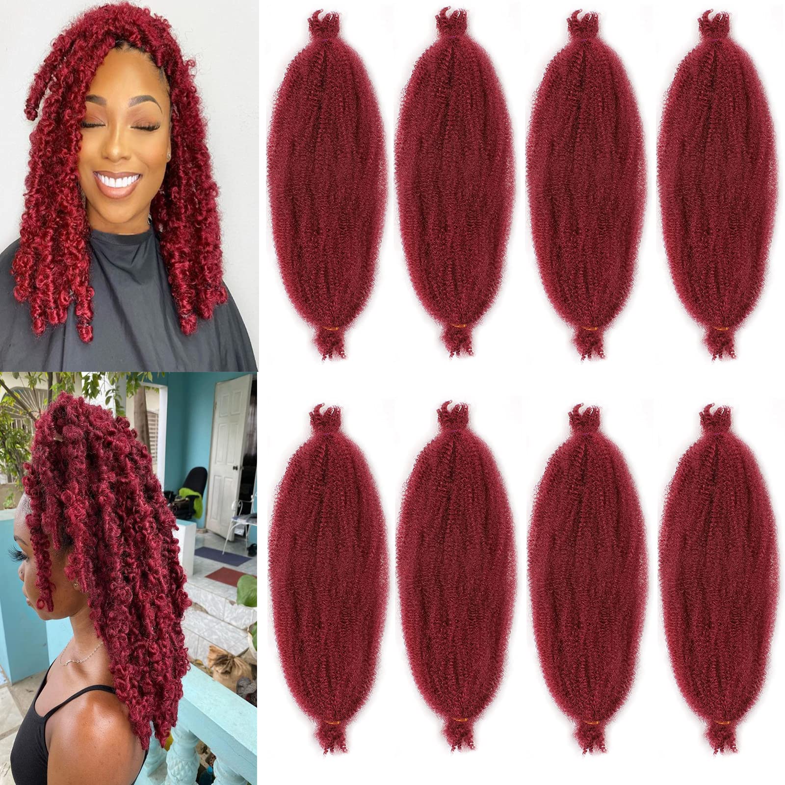 12 Inch Short Soft Springy Afro Twist Hair 8 Packs Wine Red Spring Twist For Distressed Soft Faux Locs Synthetic Crochet Braiding Hair Marley Twist