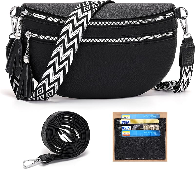 LANXINGLUO Női Crossbody Táska Fekete Válltáska Kártyatartóval és 2 Pánt