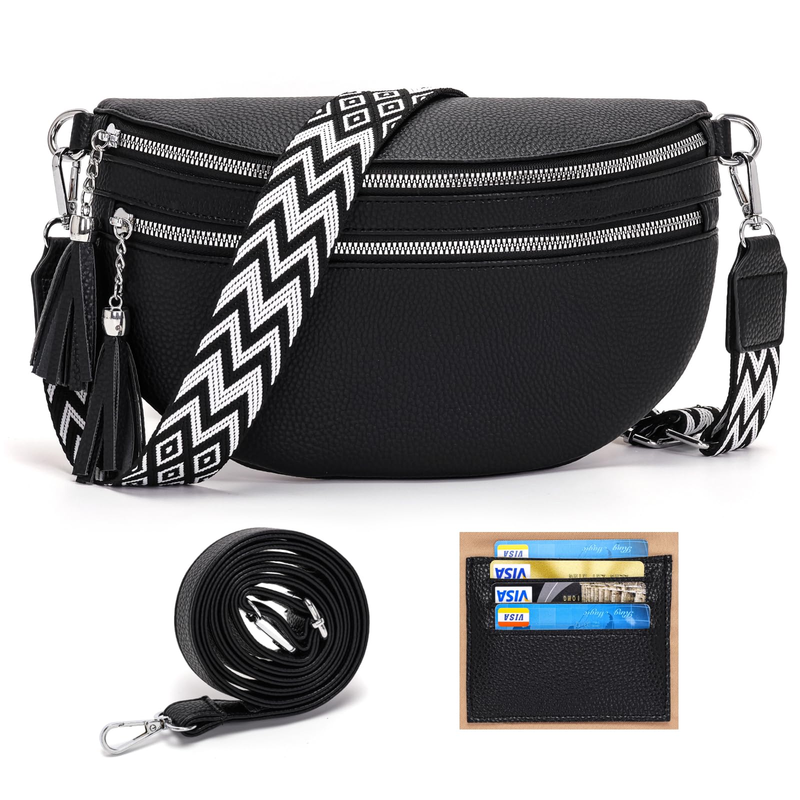 LANXINGLUO bauchtasche damen schwarz umhängetasche damen mittelgroß crossbody bag Mit Kreditkartenfach und 2 Schultergurten bags for women