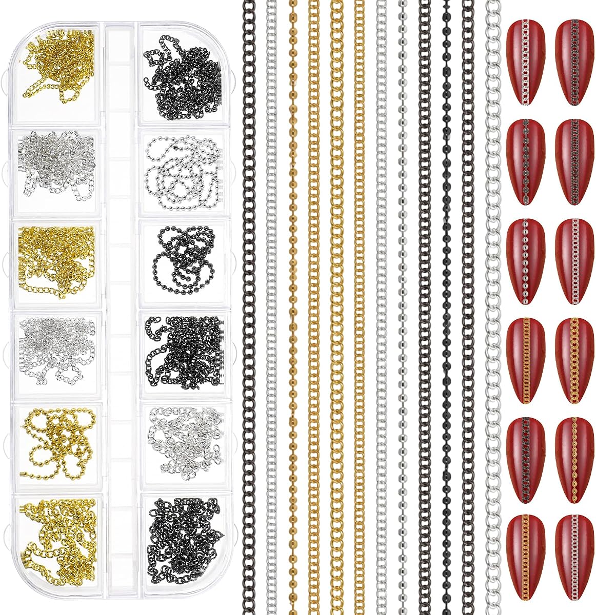 12 Strips Metal Nail Chains for Nail Art, 3D Gold Silver Black Chain Nails Charms, Fingernail Chains Decorations Charm for DIY Personality Manicure