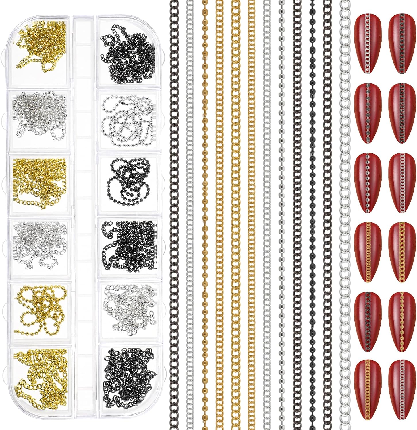 12 Strips Metal Nail Chains for Nail Art, 3D Gold Silver Black Chain Nails Charms, Fingernail Chains Decorations Charm for DIY Personality Manicure