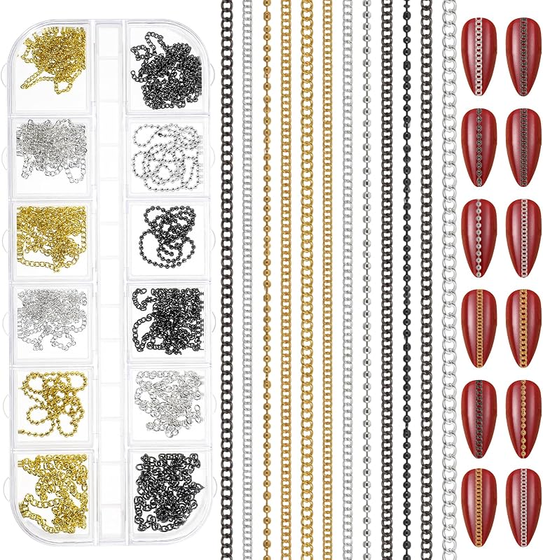 12 Strips Metal Nail Chains for Nail Art, 3D Gold Silver Black Chain Nails Charms, Fingernail Chains Decorations Charm for DIY Personality Manicure