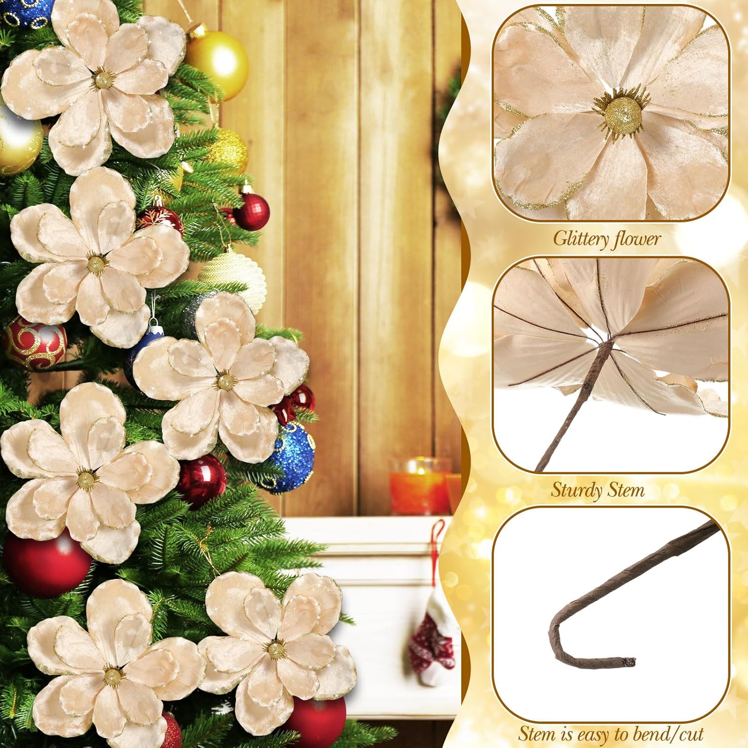 Suncalla 6 Pcs Large Christmas Glitter Flowers Velvet Christmas Magnolia Flowers 10 Inch Large Heads Artificial Poinsettia Picks Stems for Xmas Tree Ornaments Holiday Wedding Party Decor(Champagne)
