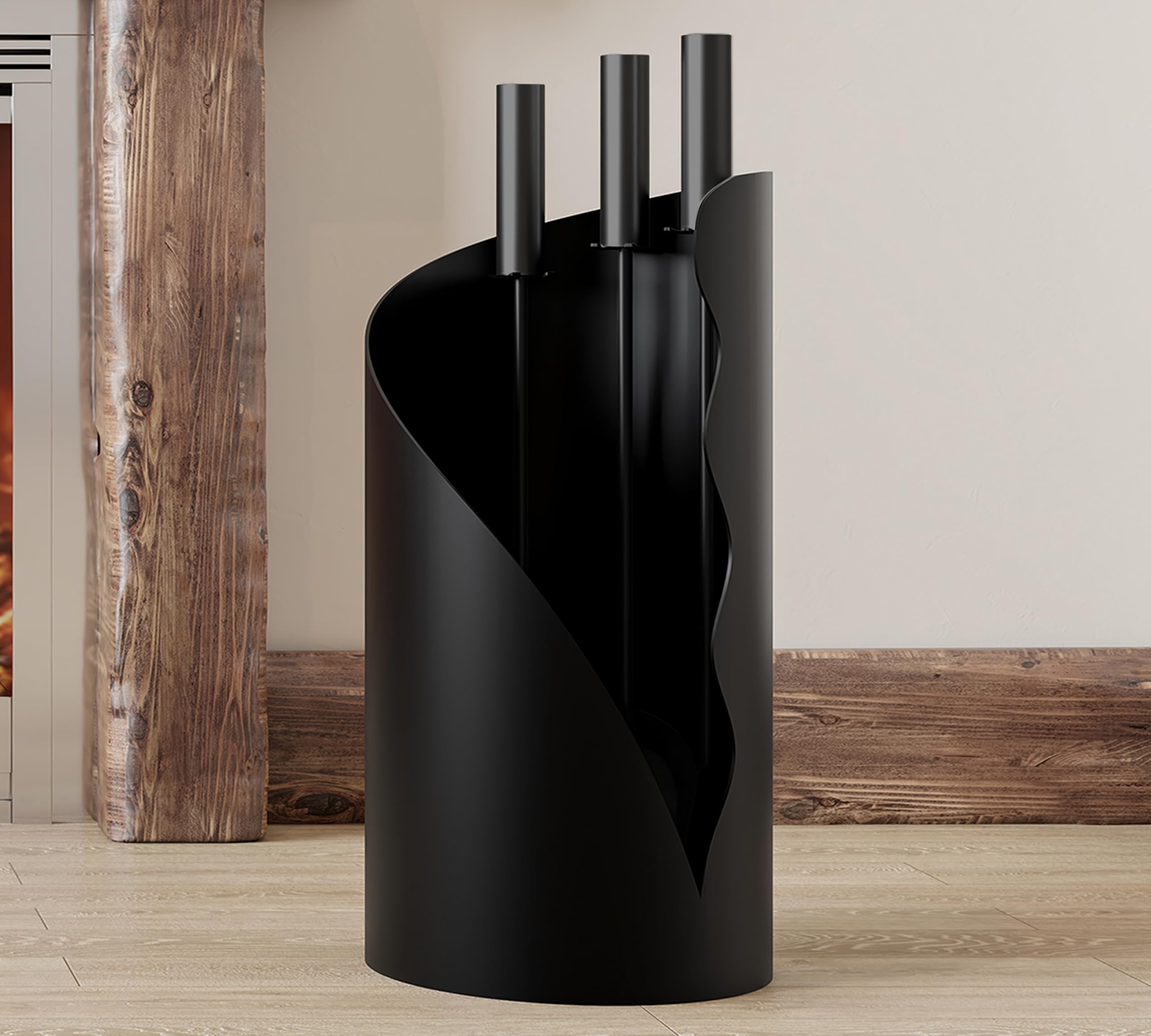 Kingson Juego Moderno de Accesorios para Chimenea con Soporte - 3 Herramientas, Altura de 52,5 cm, Base Cilíndrica de 18 cm, Mangos de Acero Inoxidable Negro - Accesorios para Chimenea, Estufa de Leña