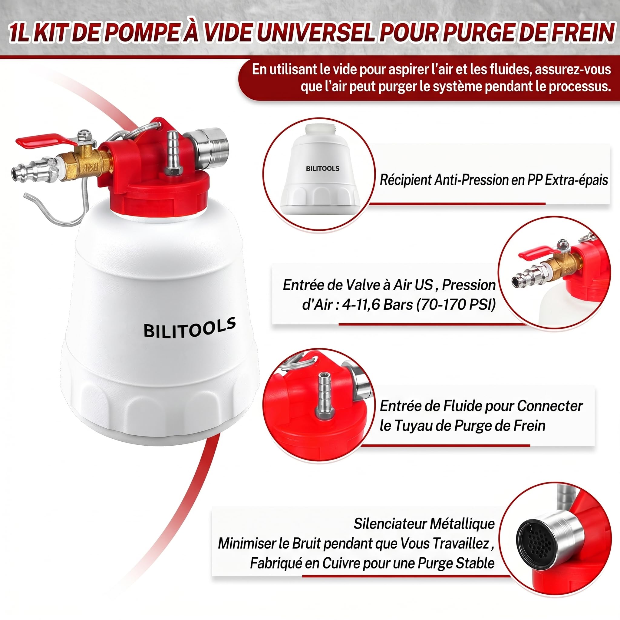 BILITOOLS 1L Purgeur de Frein Voiture et Moto Universel, Pneumatique Pompe à Vide Kit Purge Liquide de Frein par Aspiration avec 4 Adaptateurs, Purgeur ABS pour Frein et Embrayage | Kit d'extraction de liquide d'embrayage pour système de frein pneumatique