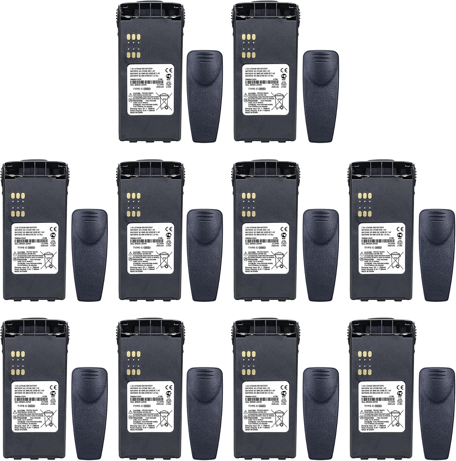 10Pack 2600mAh PMNN4159AR Li-ion Battery Replacement for Moto-rola GP328 GP338 GP340 GP380 GP540 GP580 GP640 GP680 PRO5550 PRO5150 HT1250 HT1250 LS PR860 MTX850 MTX8250 Two Way Radio with Belt Clip
