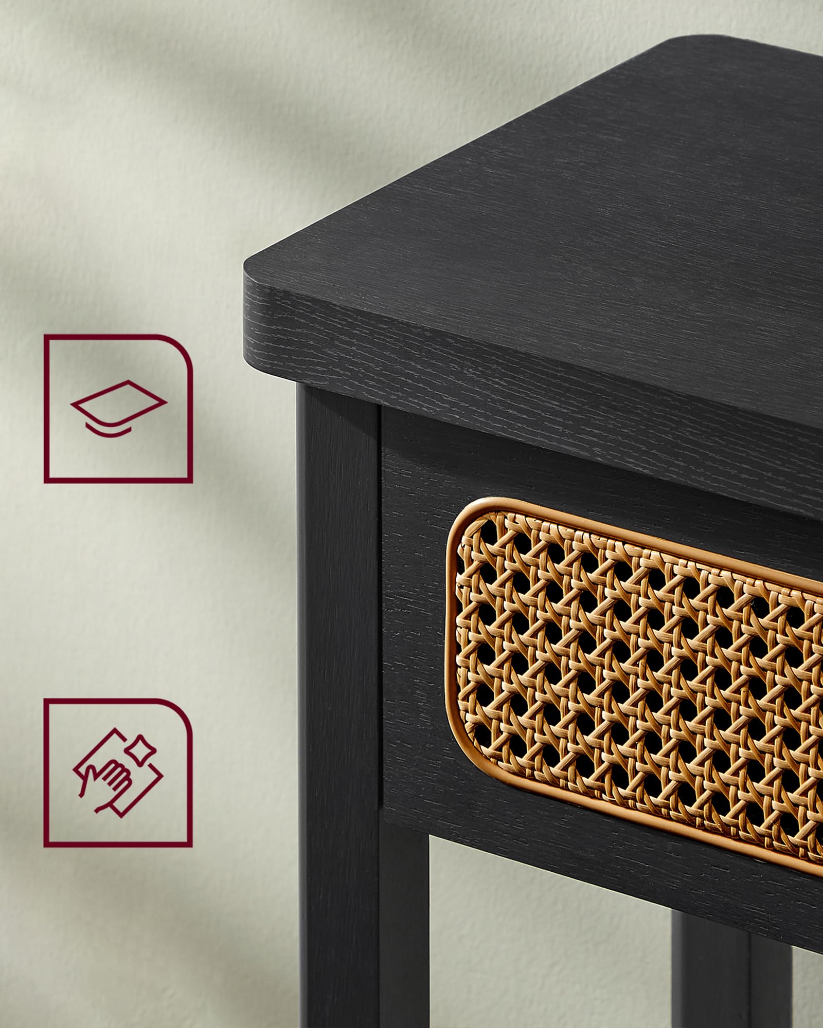 VASAGLE stolik konsolowy do przedpokoju, mebel przedpokojowy, wąski stolik sofa do salonu, z 2 szufladami, otwarta półka, zaokrąglone rogi, styl Boho, jesion czarny, LNT016B21