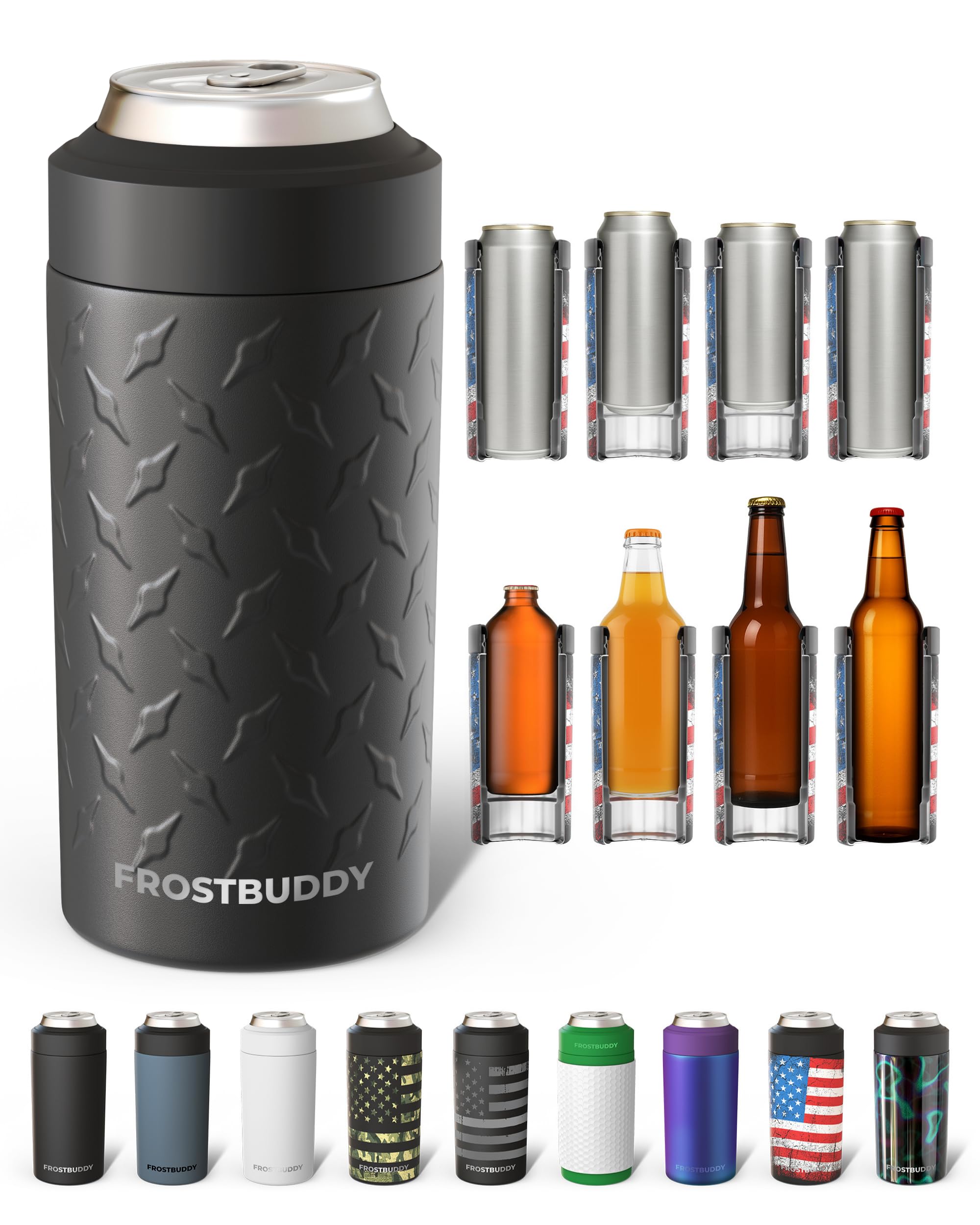 Frost Buddy Universal Can Cooler, Stainless Steel, Diamond Plate - Black