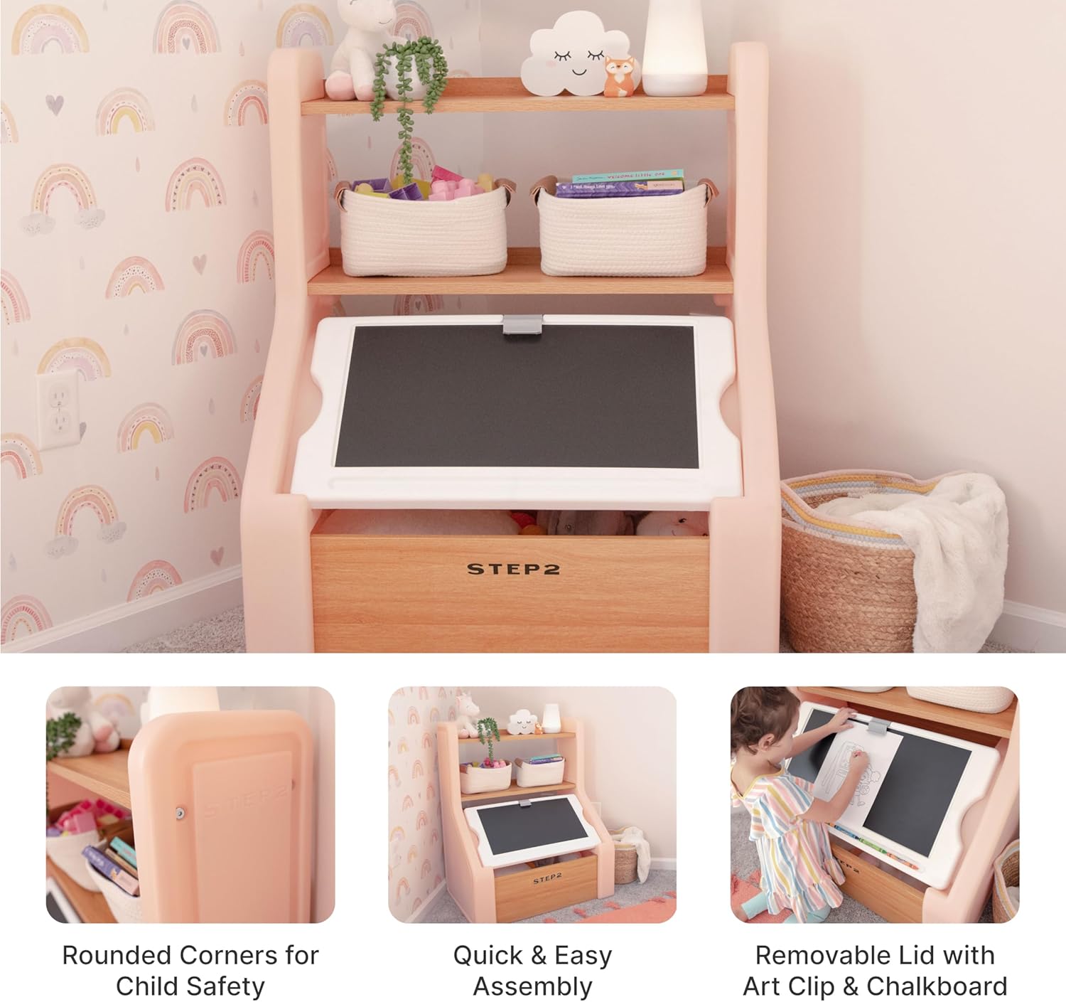 Step2 Harmony Toy Storage Box, Wood and Plastic, Shelves for Books, Toy Storage Bin with Chalkboard Lid and Clip, Easel and Toy Organizer in One, Rose Pink