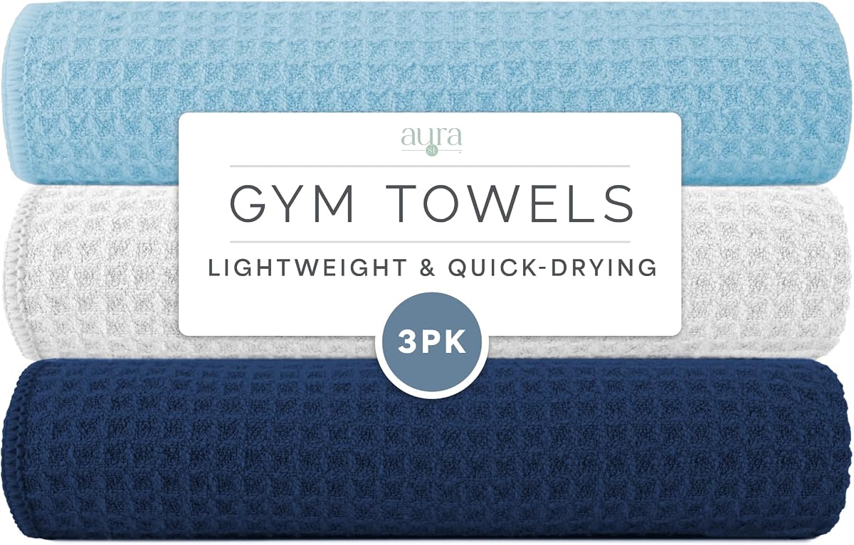 S&T INC. Microfiber Gym Towels, 3 Pack, 16" x 27", Honeycomb Assorted Blue | Absorbent and Lightweight, Quick-Dry, Compact for Gym Bag, Yoga and Travel, Machine Washable