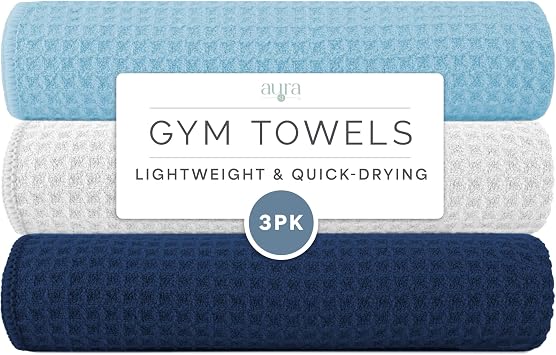 S&T INC. Microfiber Gym Towels, 3 Pack, 16" x 27", Honeycomb Assorted Blue