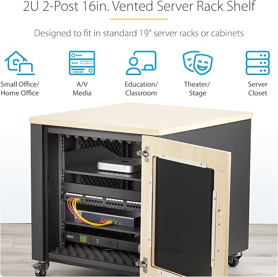 StarTech 2U Vented Server Rack Shelf, 16in, 44lb (CABSHELFV2U-16-RACK)