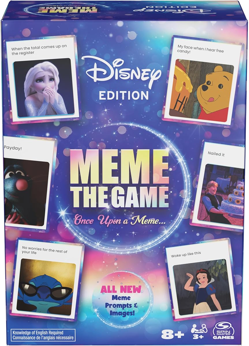 Spin Master Games Disney Meme el juego de cartas | Divertido juego de concurso de subtítulos familiares, combina escenas de Disney con tarjetas divertidas, para 3 a 6 jugadores, de 8 años en adelante