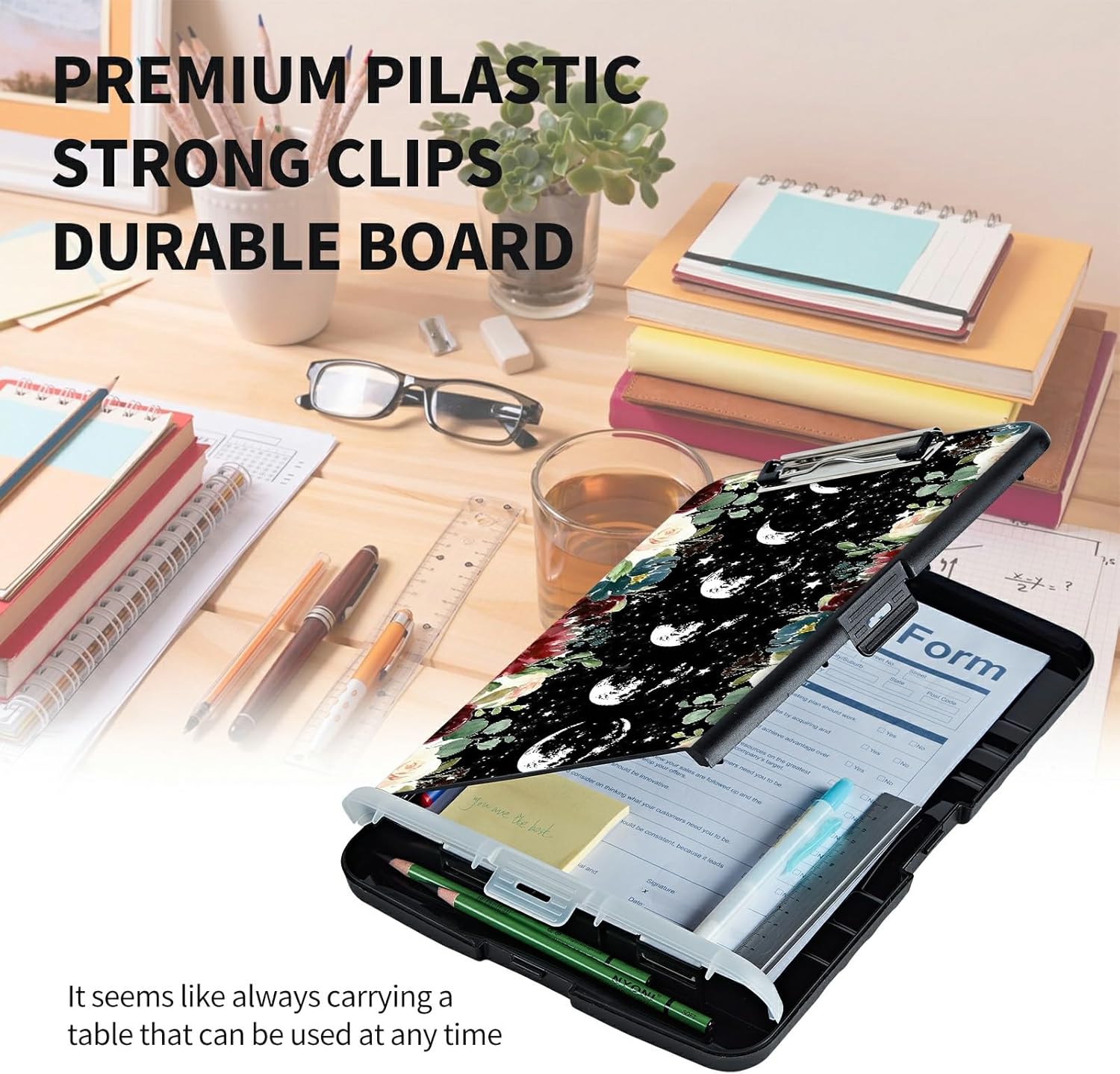 Clipboard with Storage High Capacity Plastic Nursing Clipboards with Pen Holder File Folder Storage Box Clipboard with Heavy Duty Clips for Teacher,Doctor,Offices-Moon Wild Floral