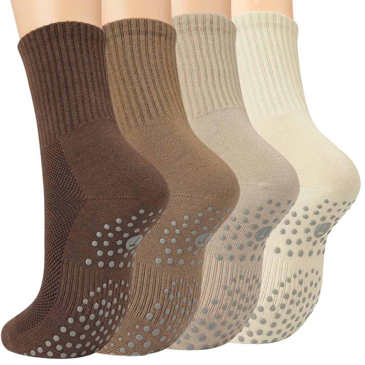 floconssy Pilates Socks with Grips for Women, Yoga Non Slip Grippy Crew Socks for Hospital Barre Gym Sticky Slipper Socks 4 Pairs Tan White Size 6-10