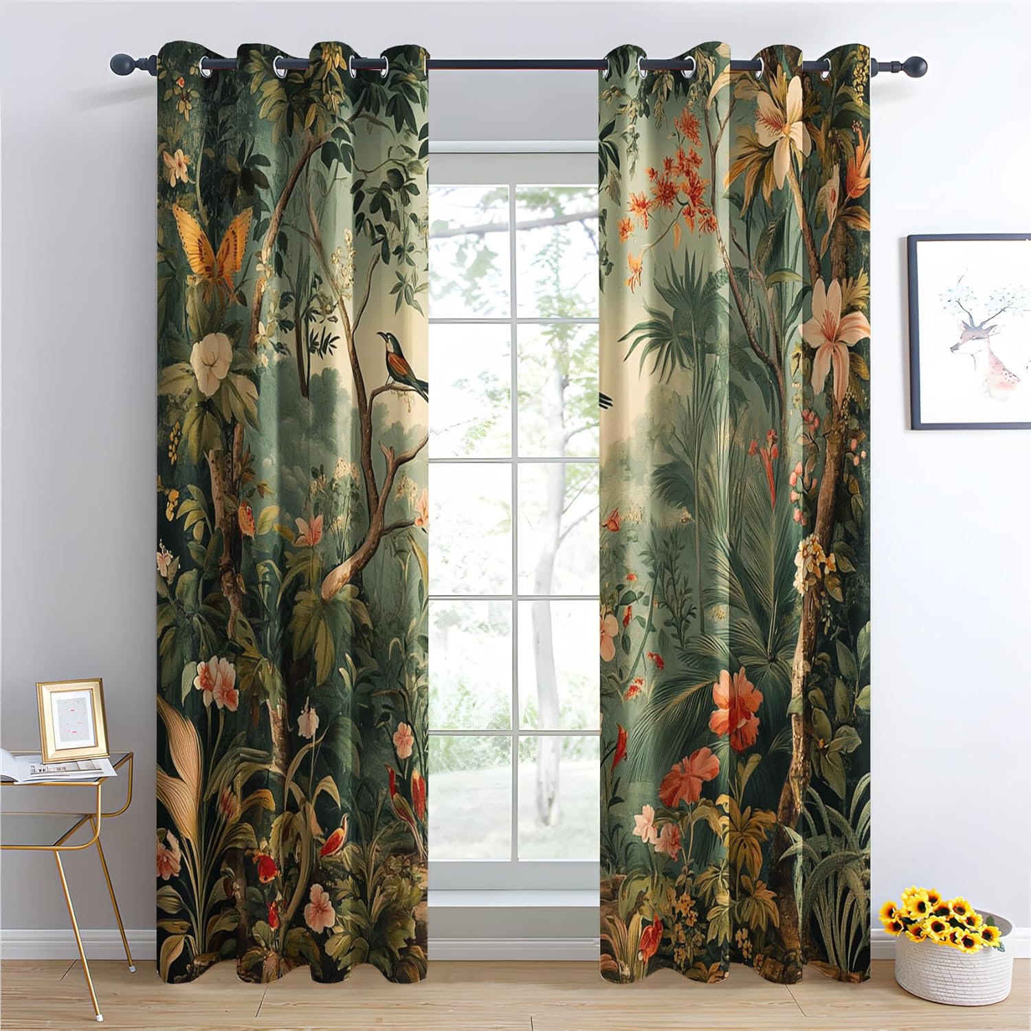Tropical Forest Curtains for Bedroom Decor, 72 Inches Long, Vintage Botanical Bird Pattern Design Blackout Drapes, Tropical Forest Curtains for Living Room, 2 Panels Set