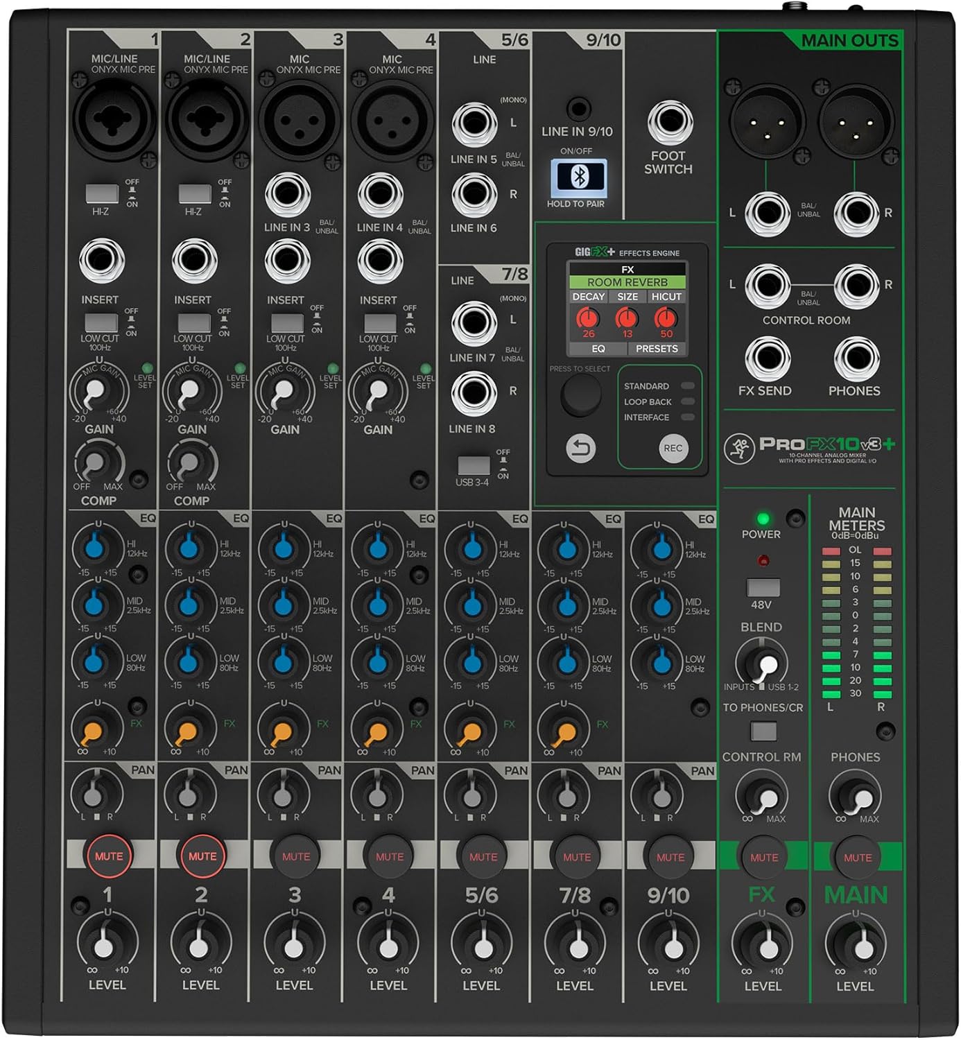 Audiosavings Bundle: (1) Mackie ProFX10v3+ 10-Channel Analog Mixer w/Enhanced FX Bundle with Rockville RDF9U 1U 15A Rack Mount DJ Pro Audio Power Supply Strip w/USB Charging(2 Items)
