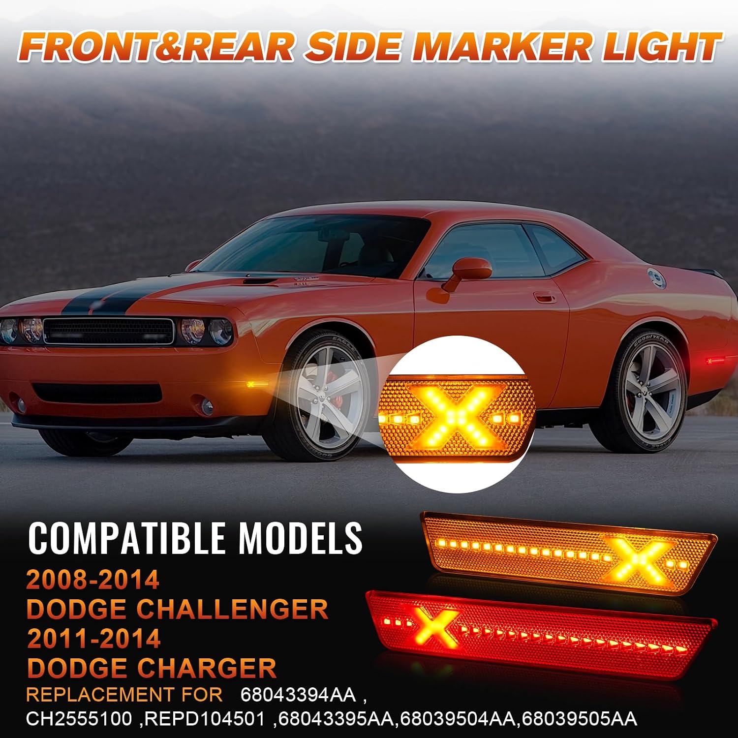 LED Side Marker Lights Amber & Red for Dodge Challenger 2008-2014, Charger 2011-2014, Front & Rear Bumper Side Markers Lamps Clear Len, 4PCS (Xstyle Spirit Snake Series - Patent Pending)