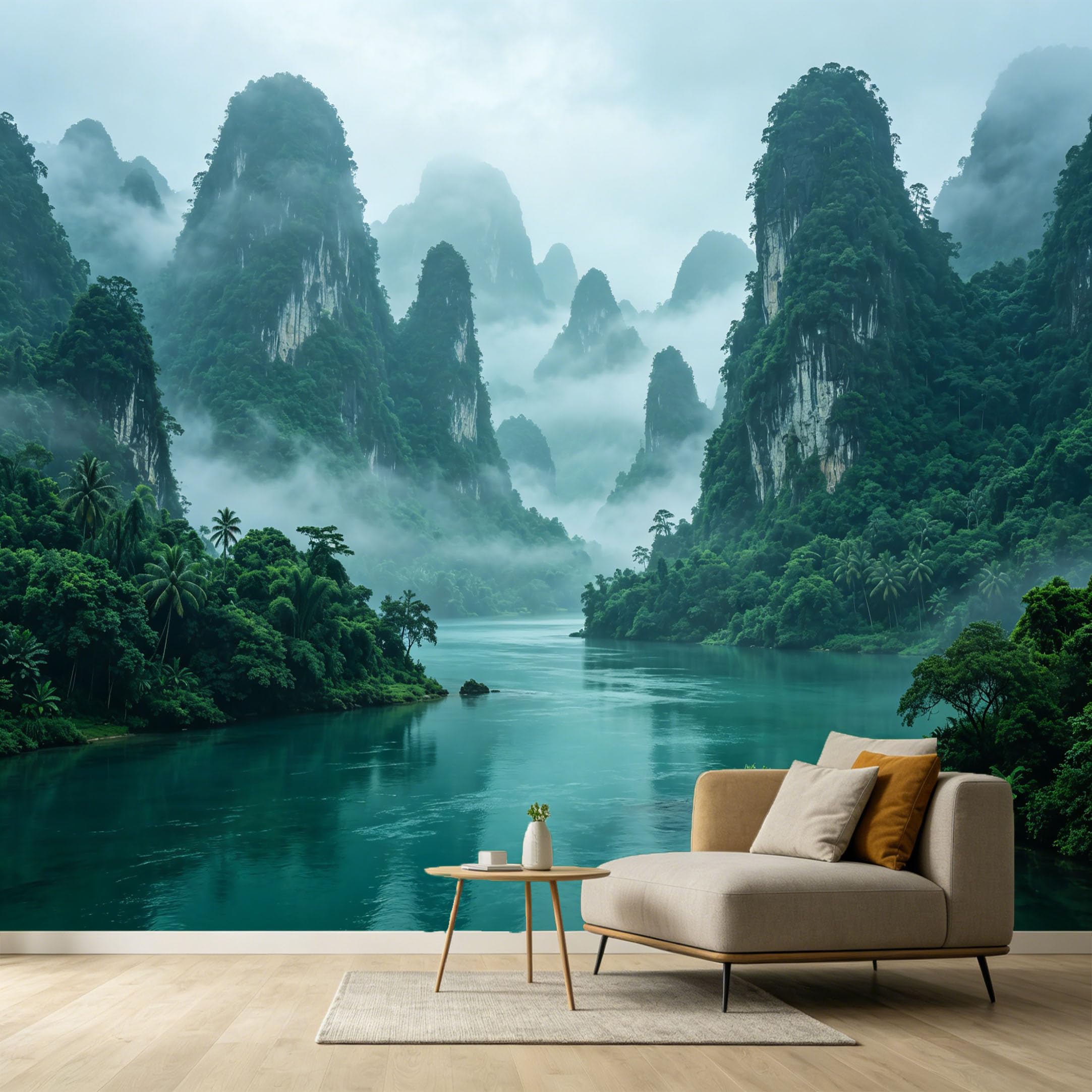 Custom Size Wall Murals Misty Mountain Lake Landscape Tropical Peaks Foggy River Oil Painting SelfAdhesive Wall Fabric Removable Large Wallpaper for Photo Living Room