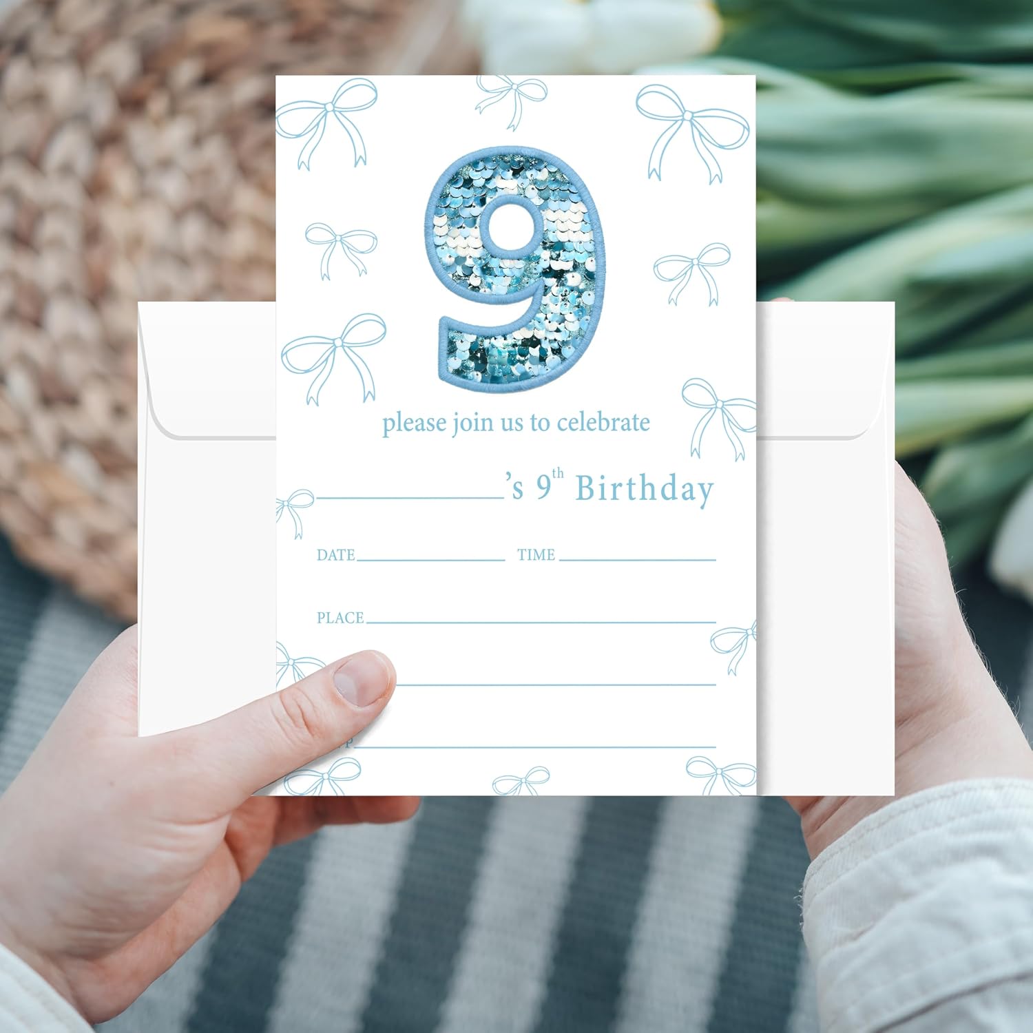 Blue Bow Glitter 9th Birthday Party Invitations for Girl, 4x6 Nine Coquette Birthday Invitations With Envelopes, 9 Years Old Birthday Invites For Girl (20 Pack) -blue05