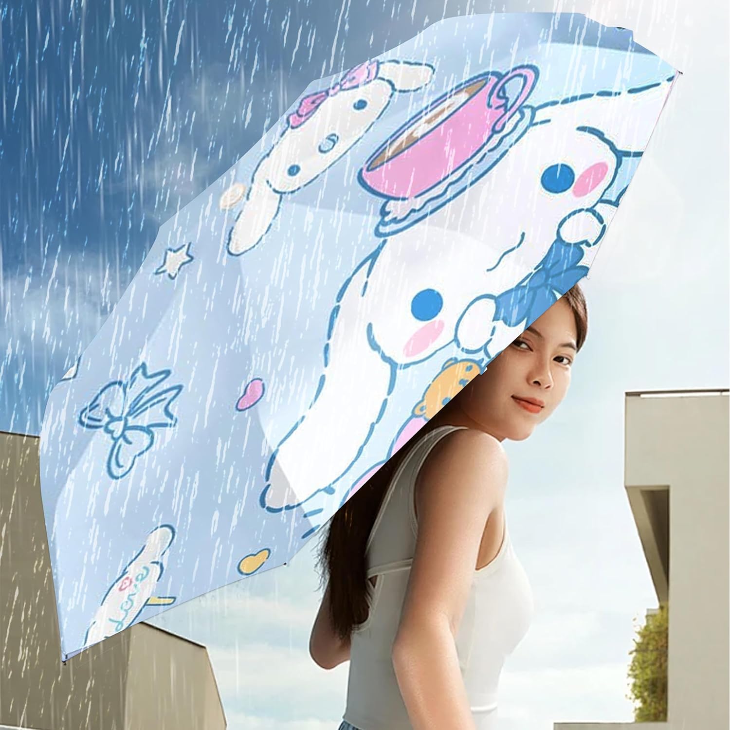 Roffatide Anime Cute Umbrella - 8 Ribs, Auto Open, Compact, Folding, Travel, Windproof, Waterproof, Anti-UV Protection