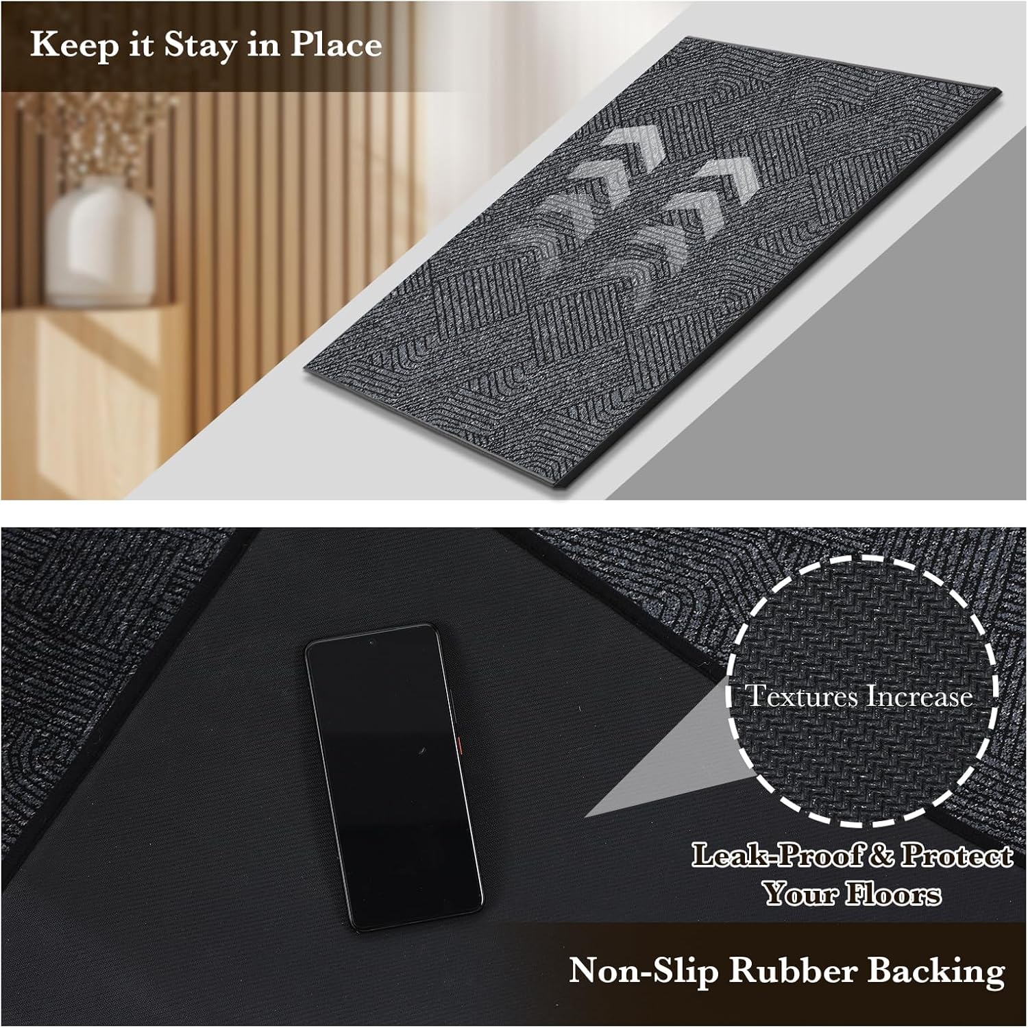 Indoor Door Mat 24"x36", Low-Profile Welcome Front Door Mat Indoor Entrance, Non Slip Rubber Backing Inside Doormat Washable Entryway Dirt Resistant & Absorbent Entry Mat, Dark-Grey/Black