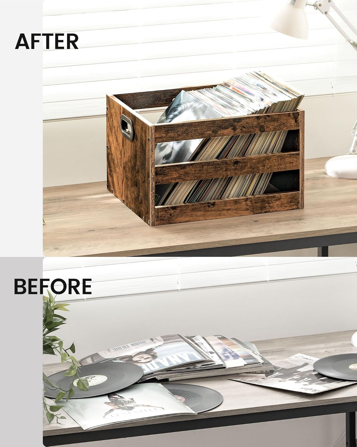 CHOEZON Vinyl Record Storage Crate, Record Storage Holder, Vintage Wood File Storage Organizer, Cube Photo Album Storage Box, for Albums, Files, Photo Albums, Rustic Brown MCW01FG