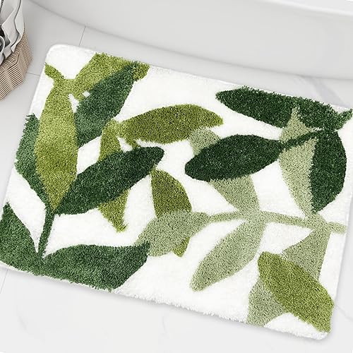 ZebraSmile 16 X 24 in Small Bathroom Rugs Green Leaves Microfiber Bath Mat Water Absorbent Bathroom Rug with Non Slip Back for Wash Basin Shower