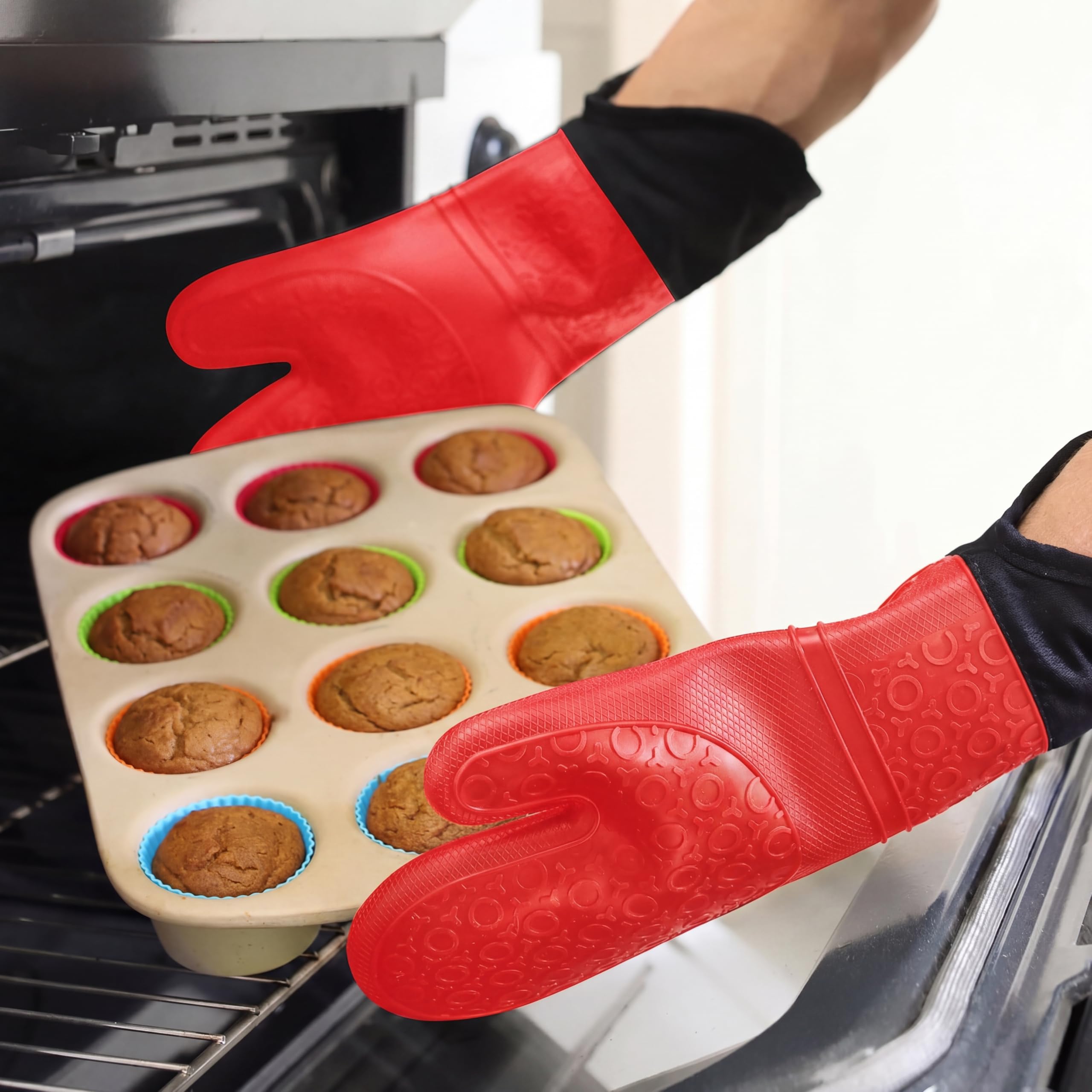 HOMWE Paire de Gants de Cuisine Professionnels Extra Longs en Silicone avec Doublure matelassée, résistants à la Chaleur, Gants de Four Flexibles, Rouge, 37,8 cm