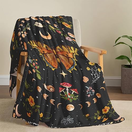 Miniatura 5 de Lifeel Manta de forro polar con diseño de mariposa y luna naranja, diseño botánico floral bohemio, acogedora decoración para siesta para sofá, cama,