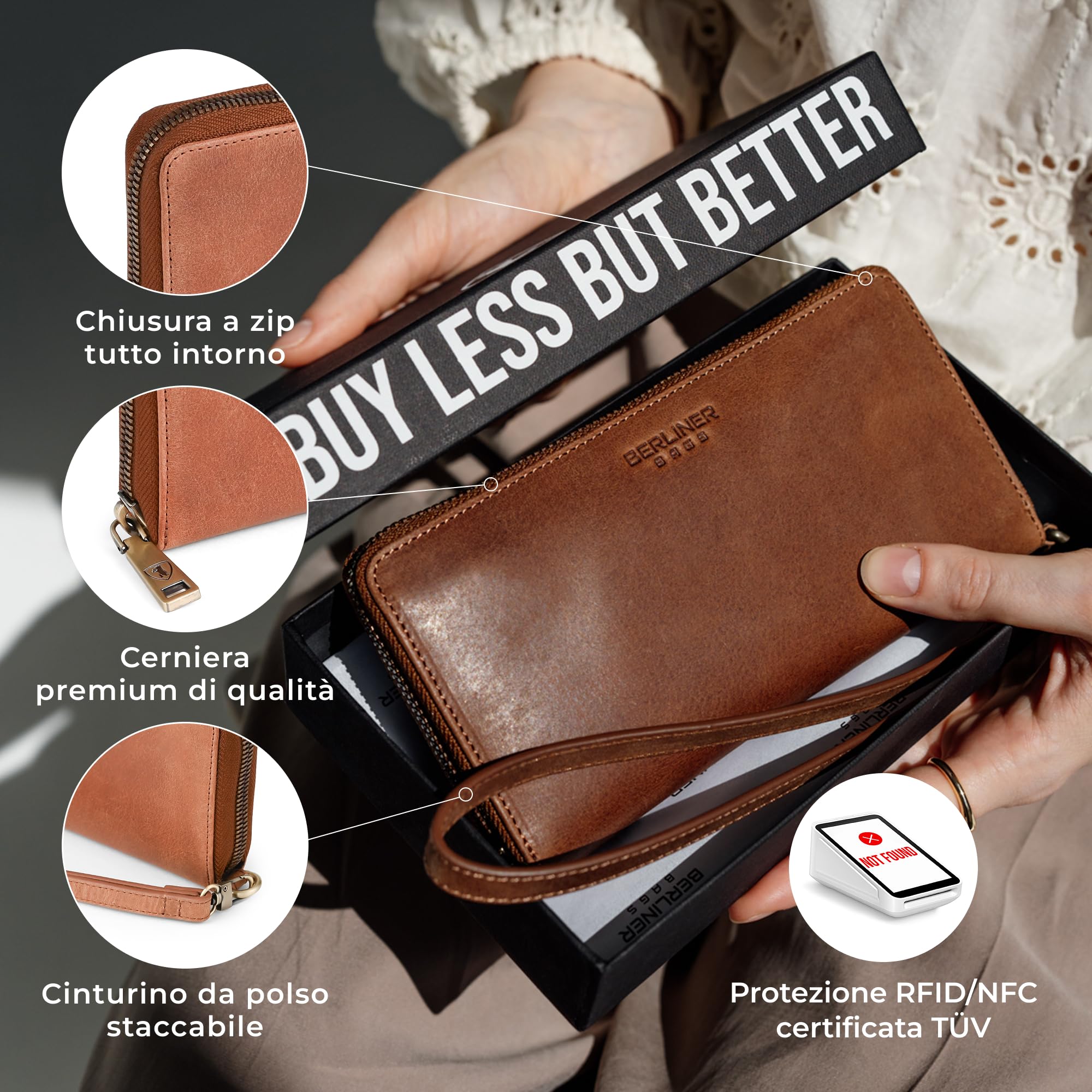 Berliner Bags Portafoglio Donna Lyon in Vera Pelle, Grande con Zip e Portamonete, Protezione RFID, 14 Carte