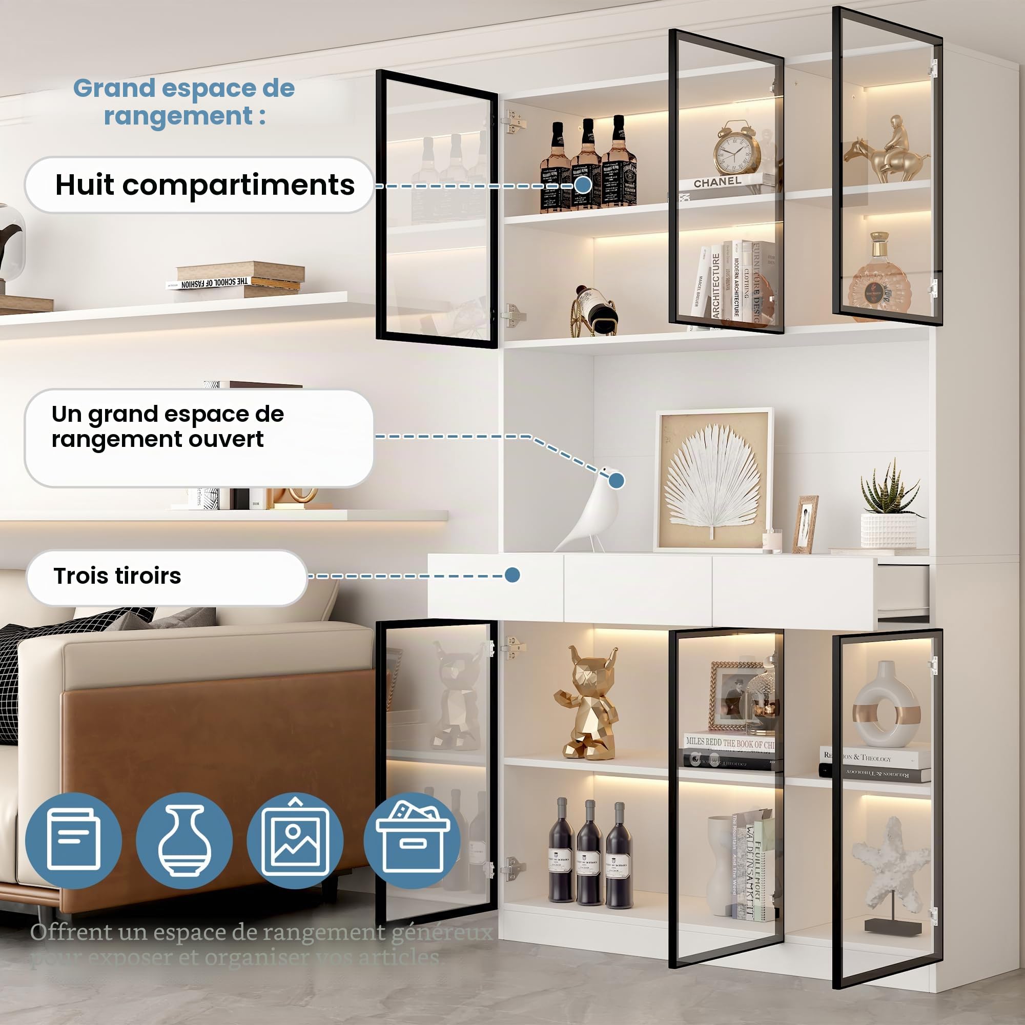 Sapgaks Armoire en Verre de 200 cm de Haut,vitrine Blanche avec lumières LED,bibliothèque de Rangement Multiple pour Collection,Chambre à Coucher,Bureau,Salon,Cadre de Porte Blanc Noir