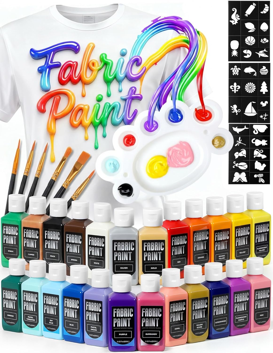 TMOL Fabric Paint Set - Permanent & Washer Safe, 18 Vibrant Colors, in Bottles (60ml/2oz), Non-Toxic Certified Fabric Paint with Brushes & Stencils, Textile Paint for Clothes, DIY Projects & Art