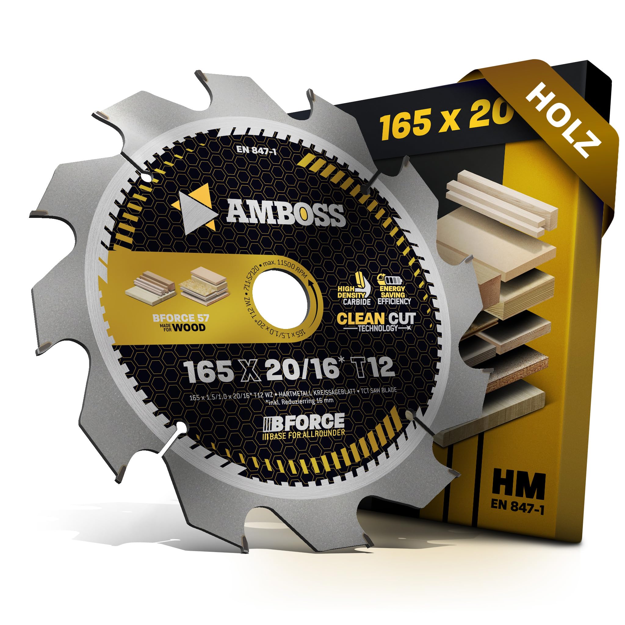 HM Kreissägeblatt 165x20 16 Z12 Wechselzahn für Akku Holz - Zuschnitt. AMBOSS WERKZEUGE® Sägeblatt 165mm +Reduzierring 16 20mm. 165x20 165x16 komp. zu Bosch GKS 18v-57g. GKT 55 GCE Makita SP6000. DHS6