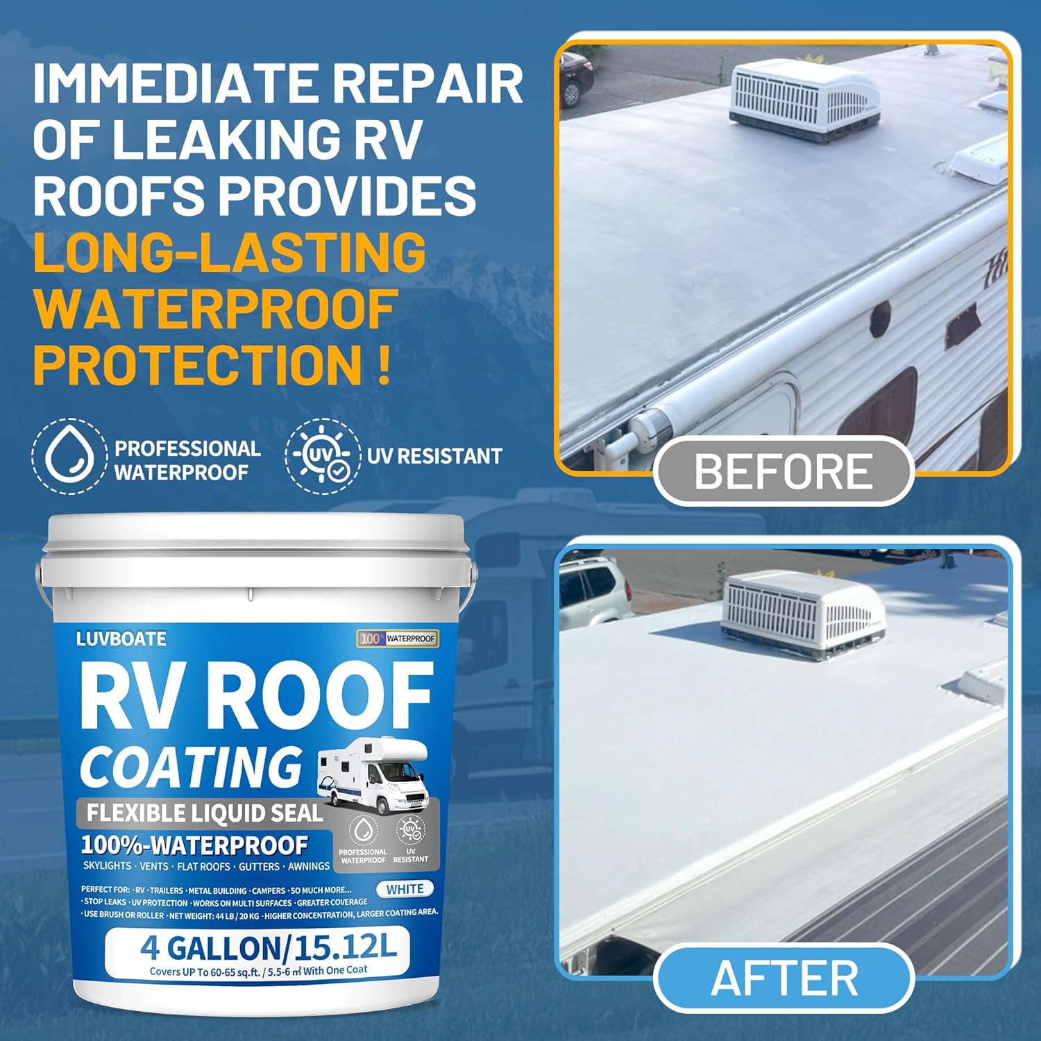 RV Roof Coating White 4 Gallon, LUVBOATE Solar Reflective Sealant, Waterproof Flexible RV Roof Sealant for Trailers, Campers, Motorhomes Leak Repair and Maintenance