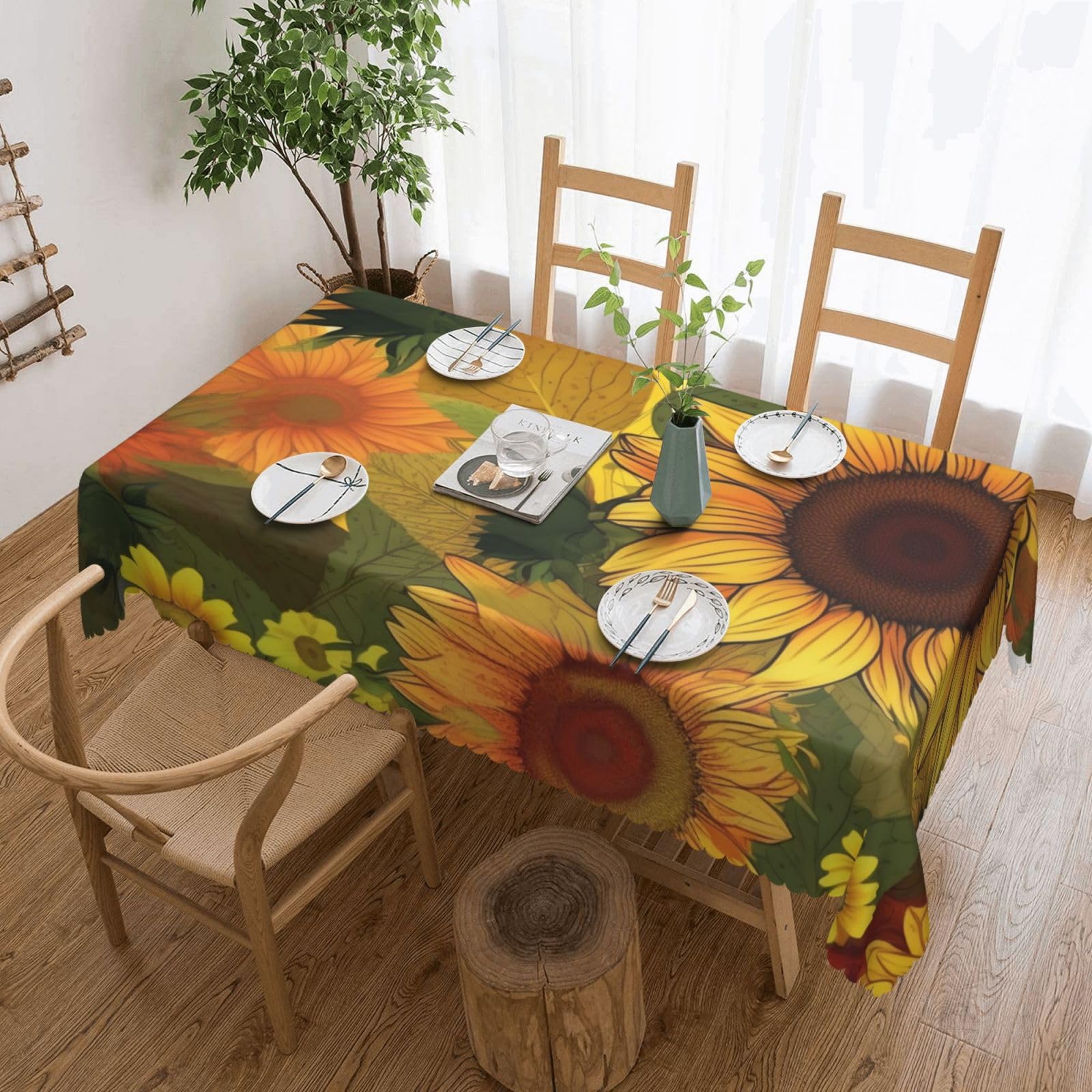 WPKJU Yellow Sunflowers Printed Rectangle Tablecloth 72x54 Inch with Lace Trim, Water-Resistant Washable Table Cover for Farmhouse Weddings, Outdoor Picnics & Holiday Dining