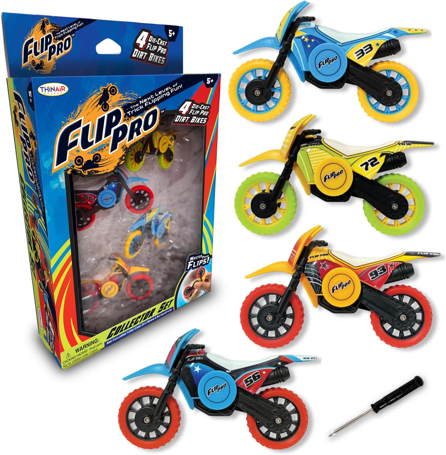 Flip Pro Spinner Finger Bikes – Set of Four, Real Metal, Rubber Tires, Moveable Parts, Collectible Mini Motorcycles for Stunts and Tricks – Assorted Color